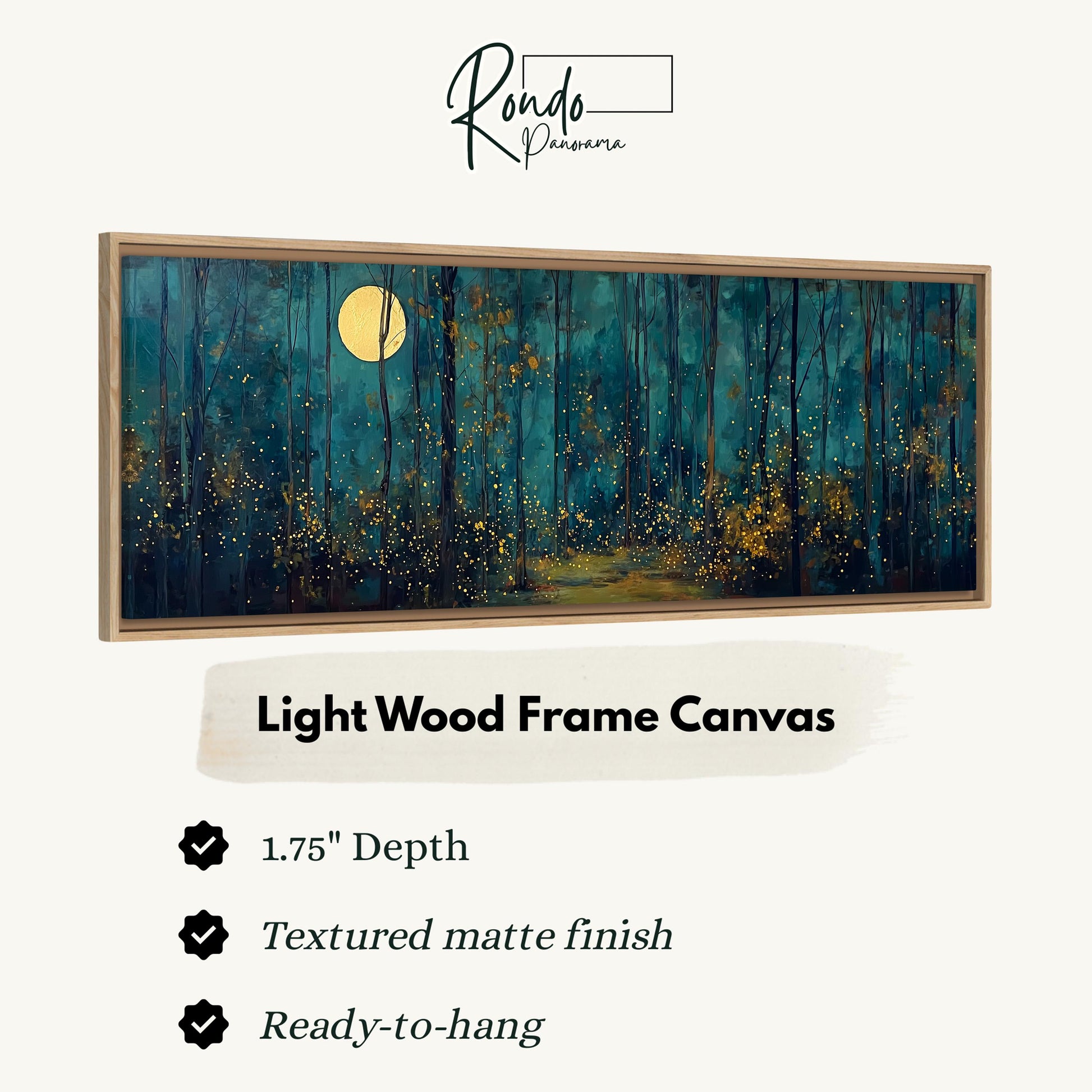 The image is a framed artwork depicting a forest scene with a full moon in the background.