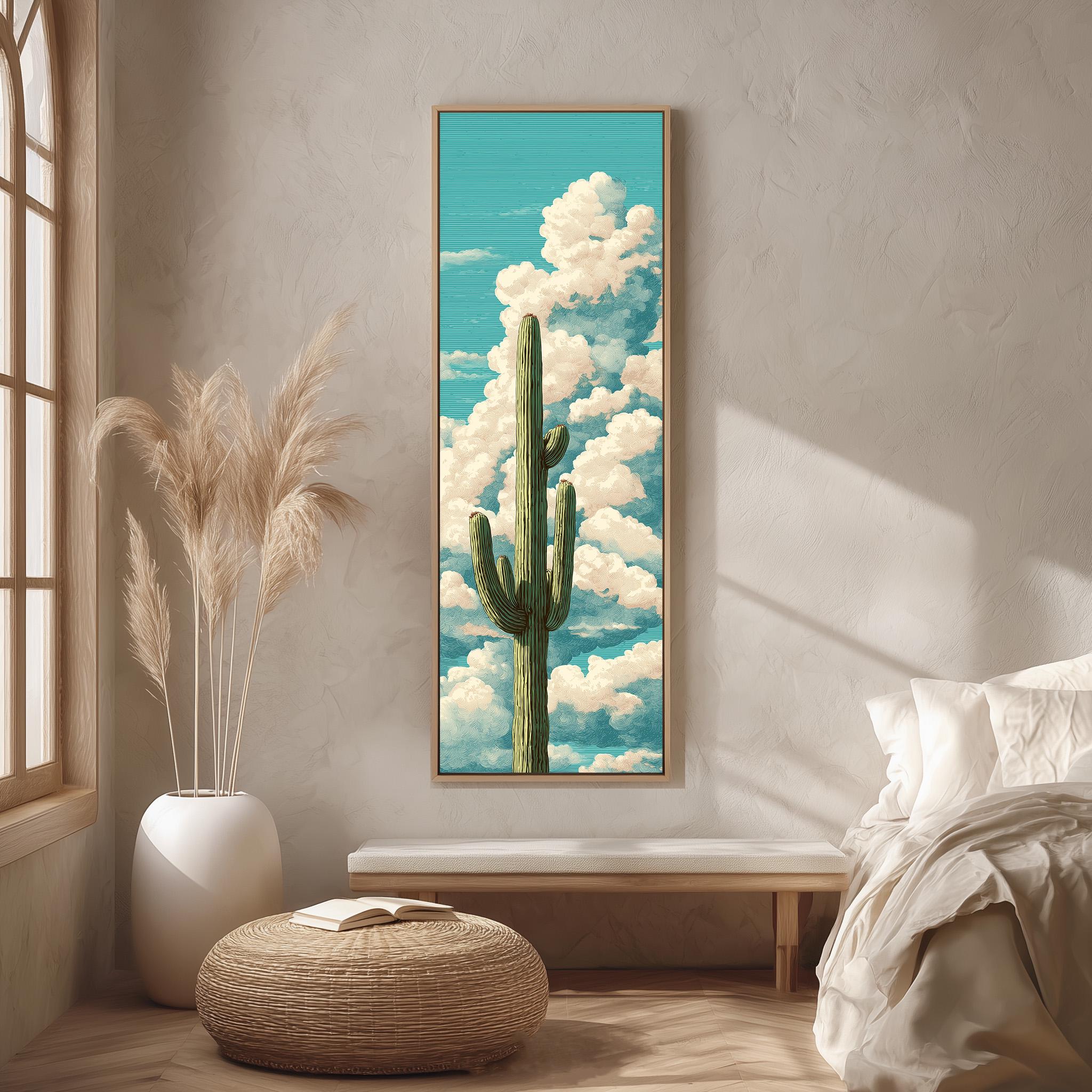 a large framed painting of a cactus with a blue sky and fluffy white clouds hanging on the wall of a bedroom.