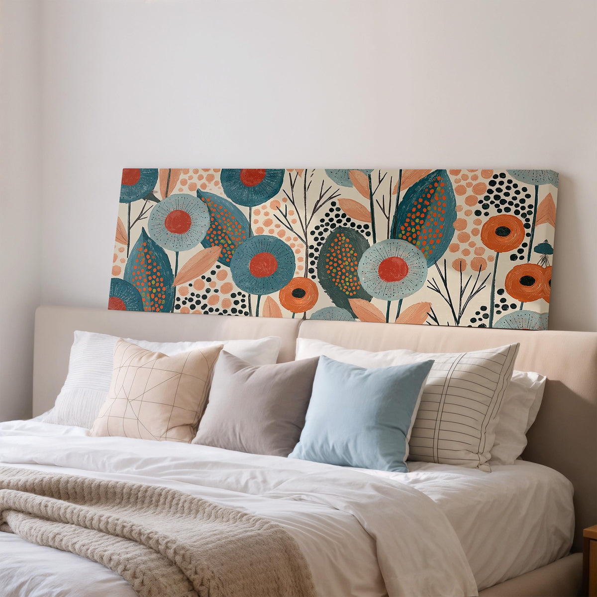 Teal poppies and speckled leaves wide panoramic canvas print above a bed in a bedroom