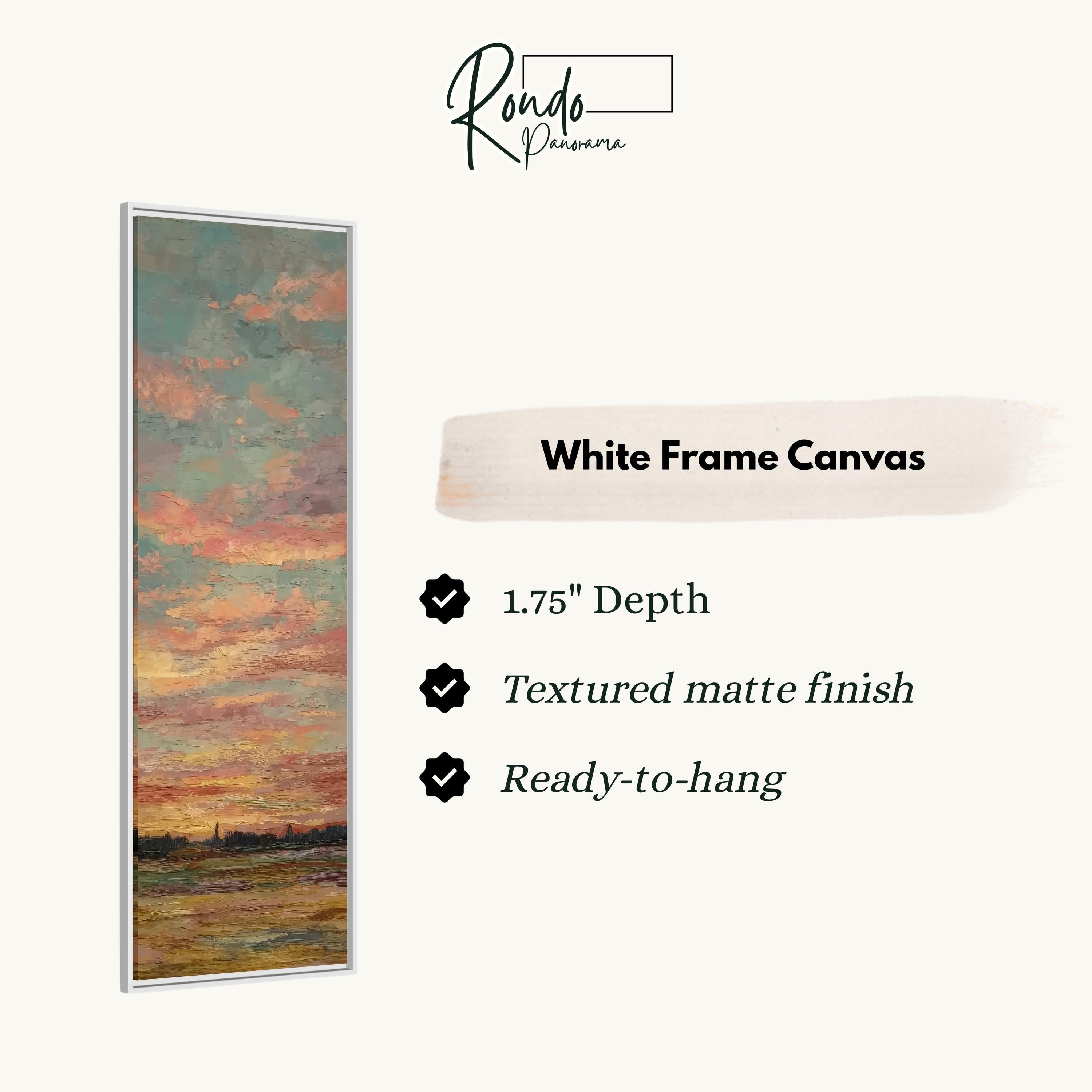 The image is a white frame canvas with a painting of a sunset landscape.