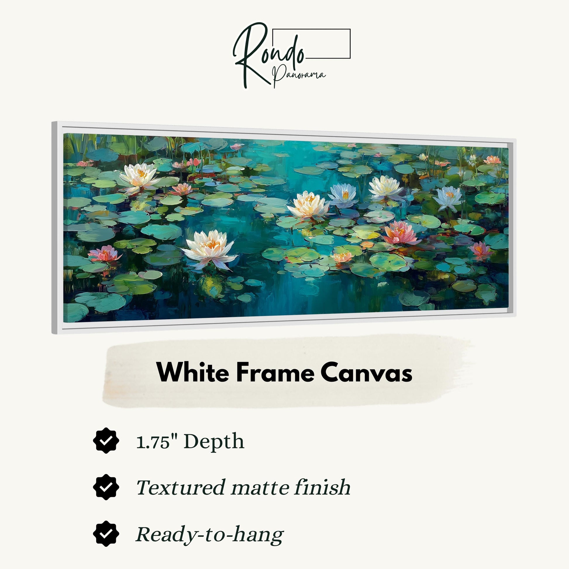 The image is a framed canvas depicting a serene water lily pond with lily pads and water lilies.