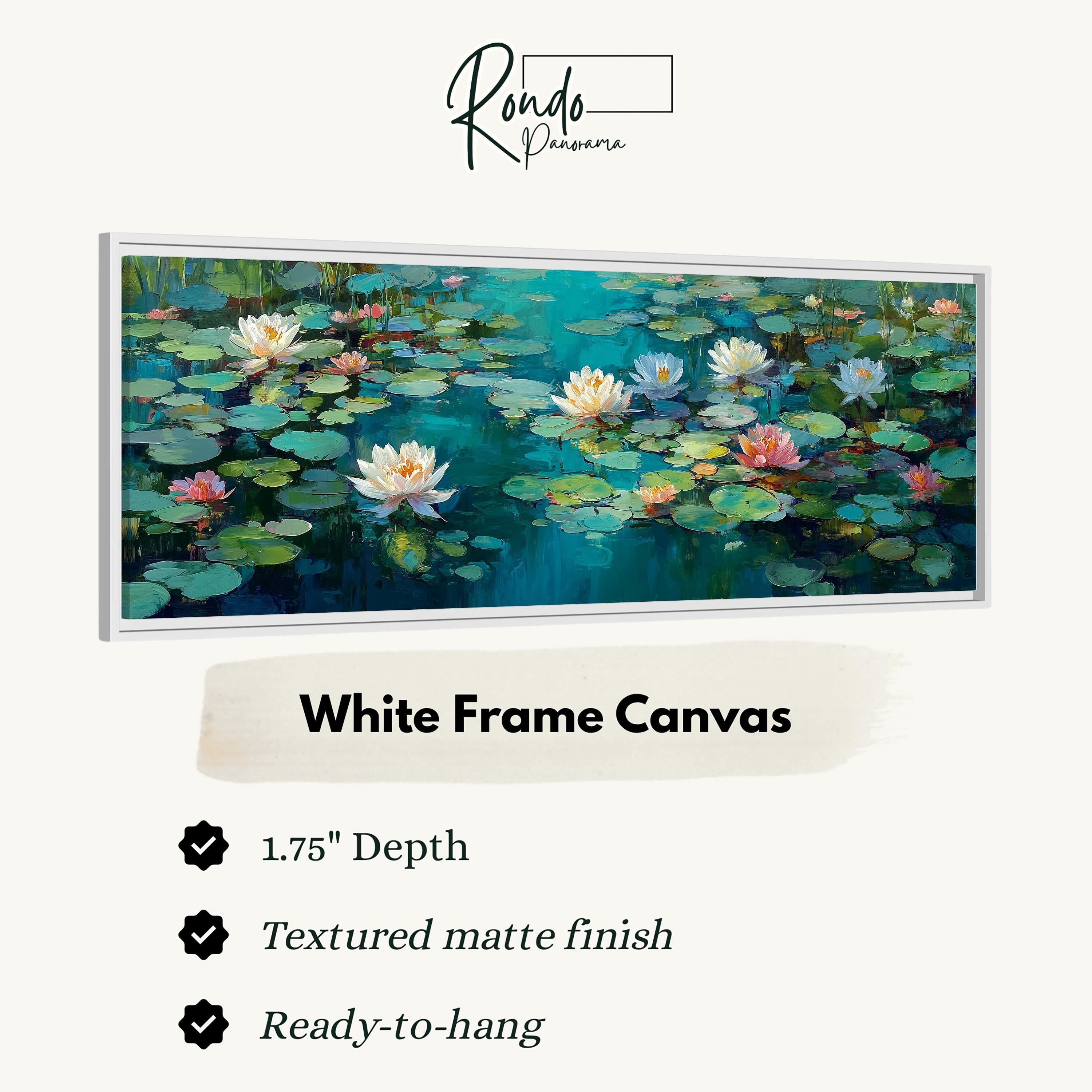 The image is a framed canvas depicting a serene water lily pond with lily pads and water lilies.