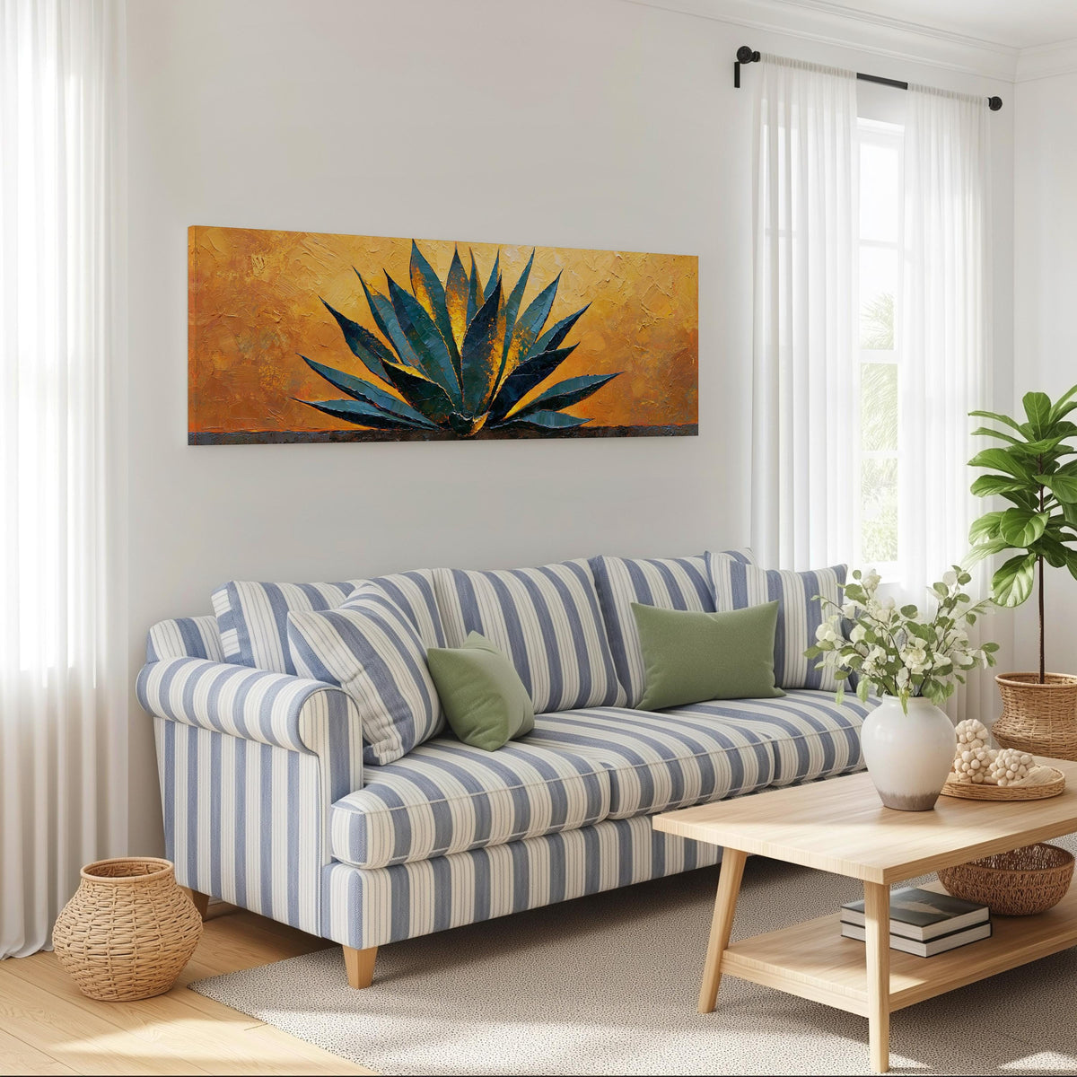 Blue agave on a textured gold background long horizontal canvas print above a striped sofa in a coastal living room