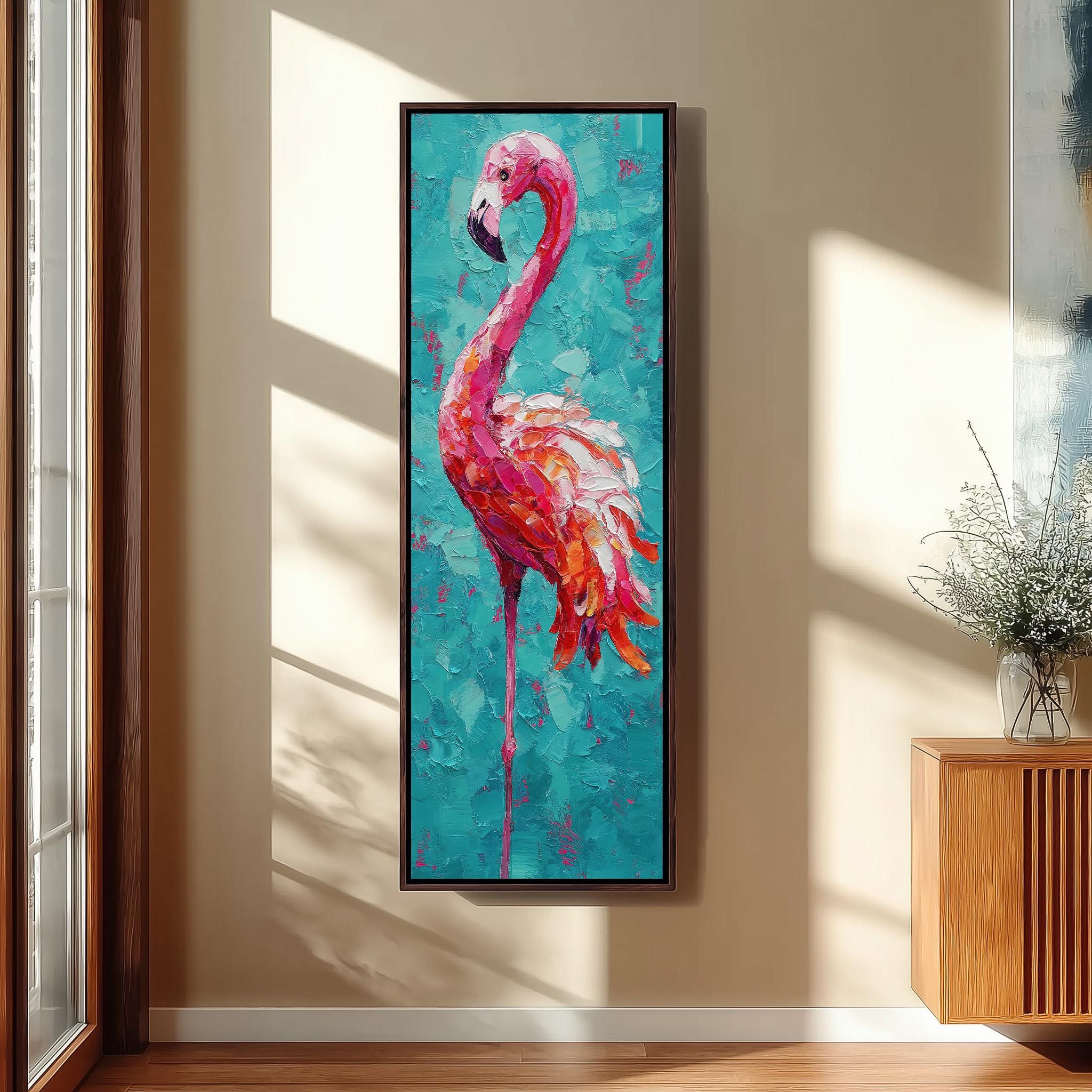 a large, vibrant painting of a flamingo on a wall.