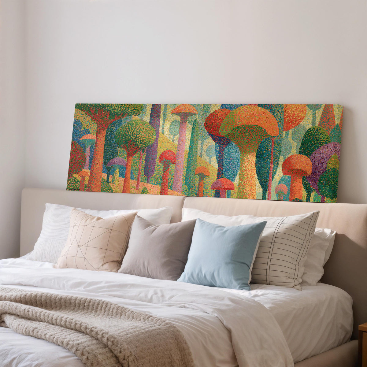 Teal mushroom woodland wide panoramic canvas print above a bed in a bedroom