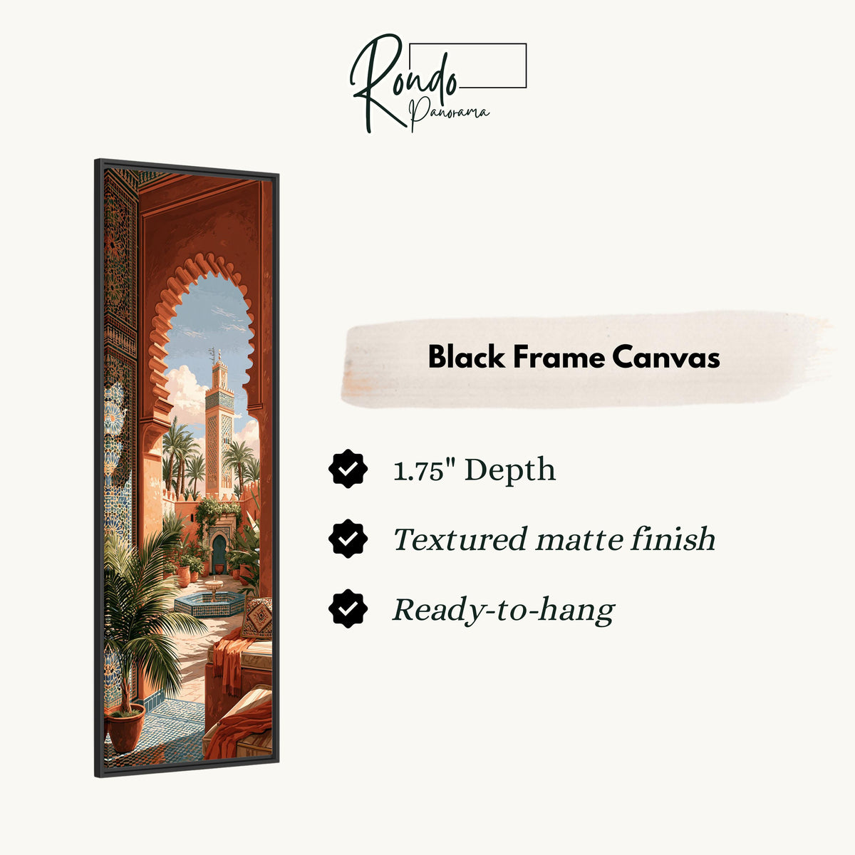 Moroccan courtyard and minaret through a terracotta arch canvas print in a black floating frame