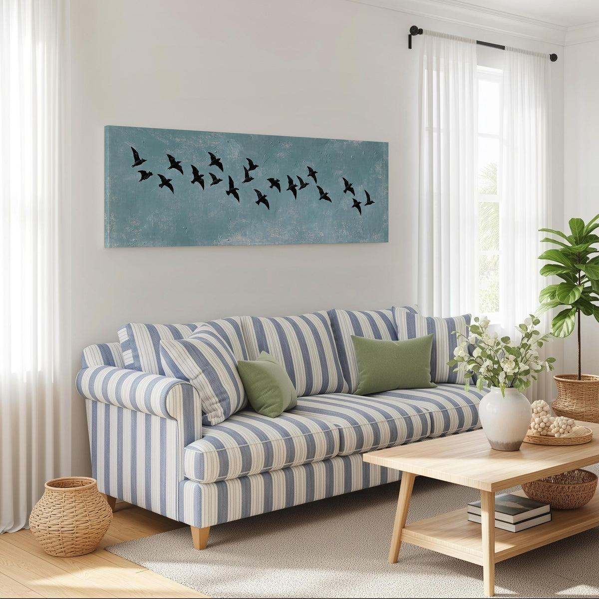 Flock of black birds on a teal sky long horizontal canvas print above a striped sofa in a coastal living room
