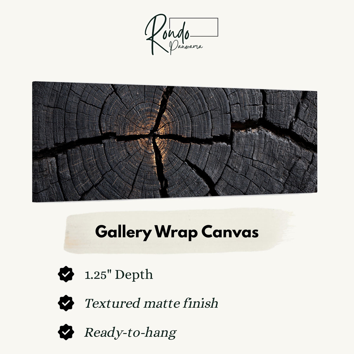 Charcoal tree ring cross section gallery wrap canvas with the image wrapped around the edges