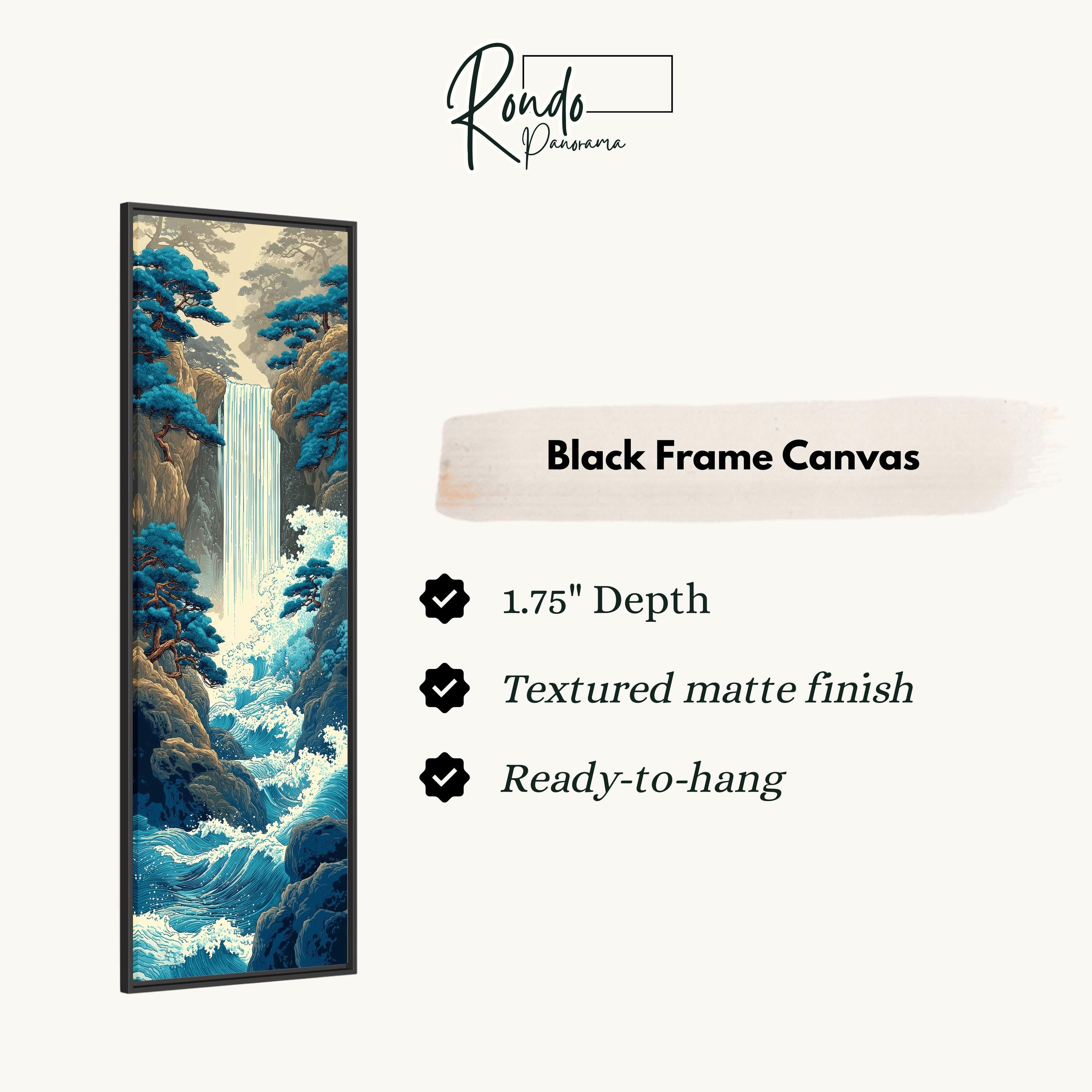 The image is a black frame canvas depicting a waterfall surrounded by trees.