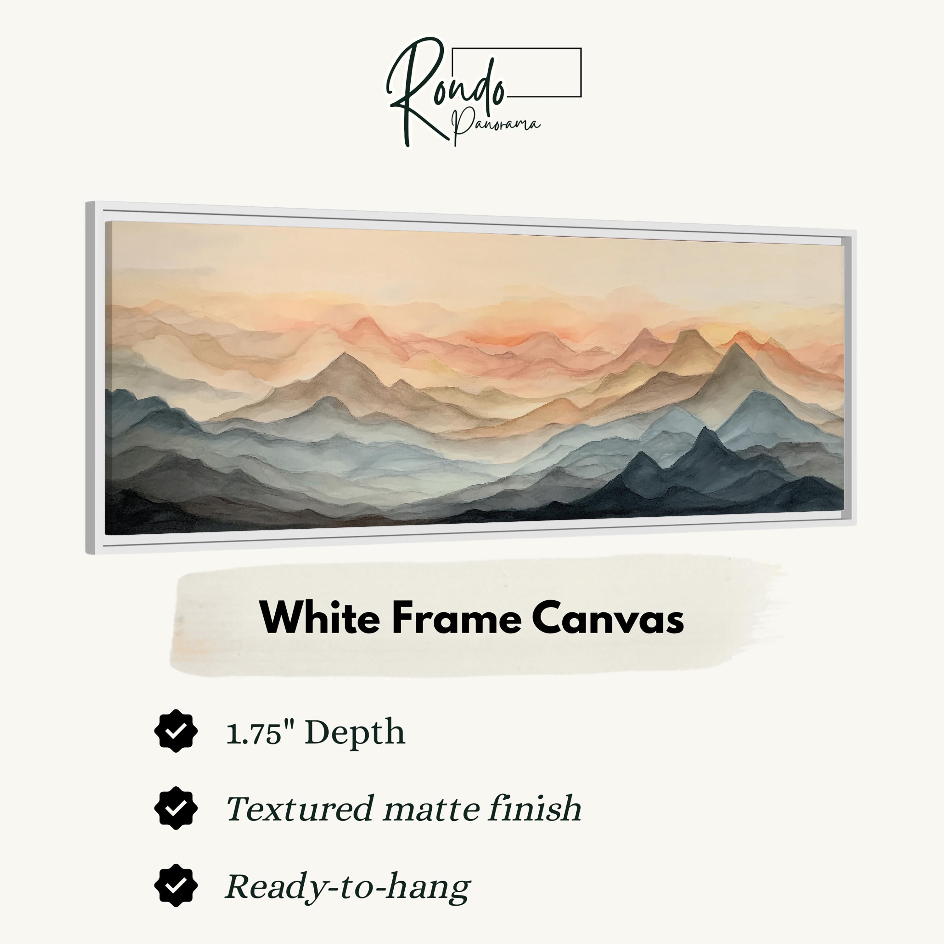 The image is a white frame canvas depicting a landscape with mountains in shades of orange and blue.