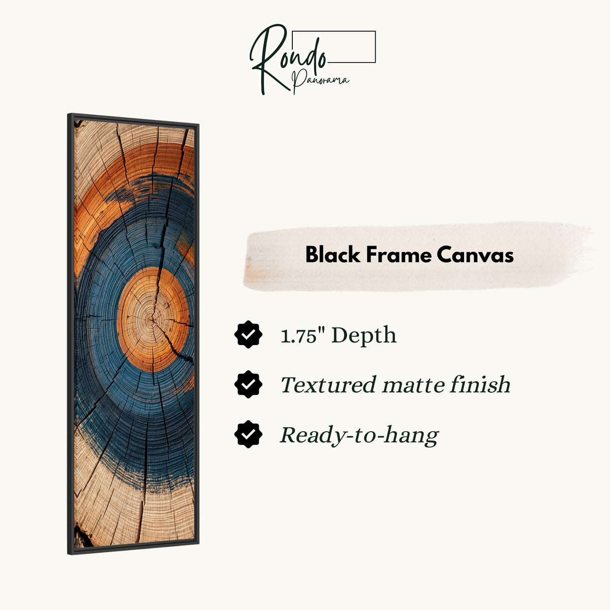 Blue and orange tree ring canvas print in a black floating frame