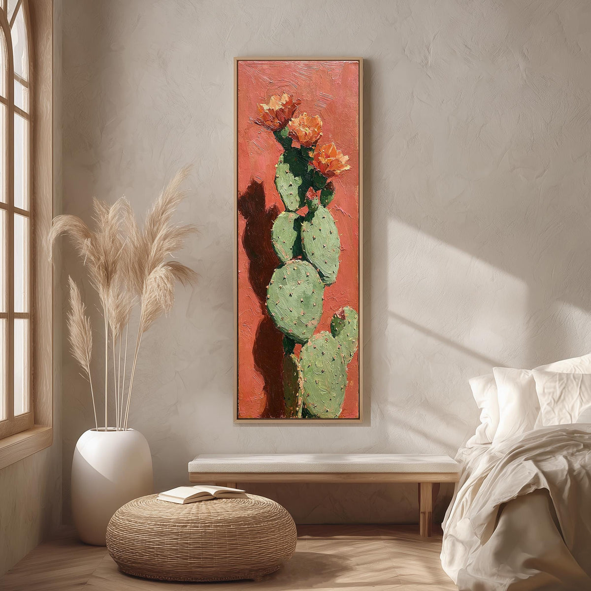 Blooming prickly pear cactus long vertical canvas print in a bright reading corner