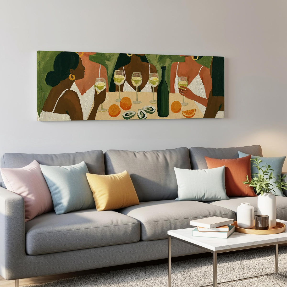 Friends toasting with white wine panoramic canvas print above a grey sofa in a living room