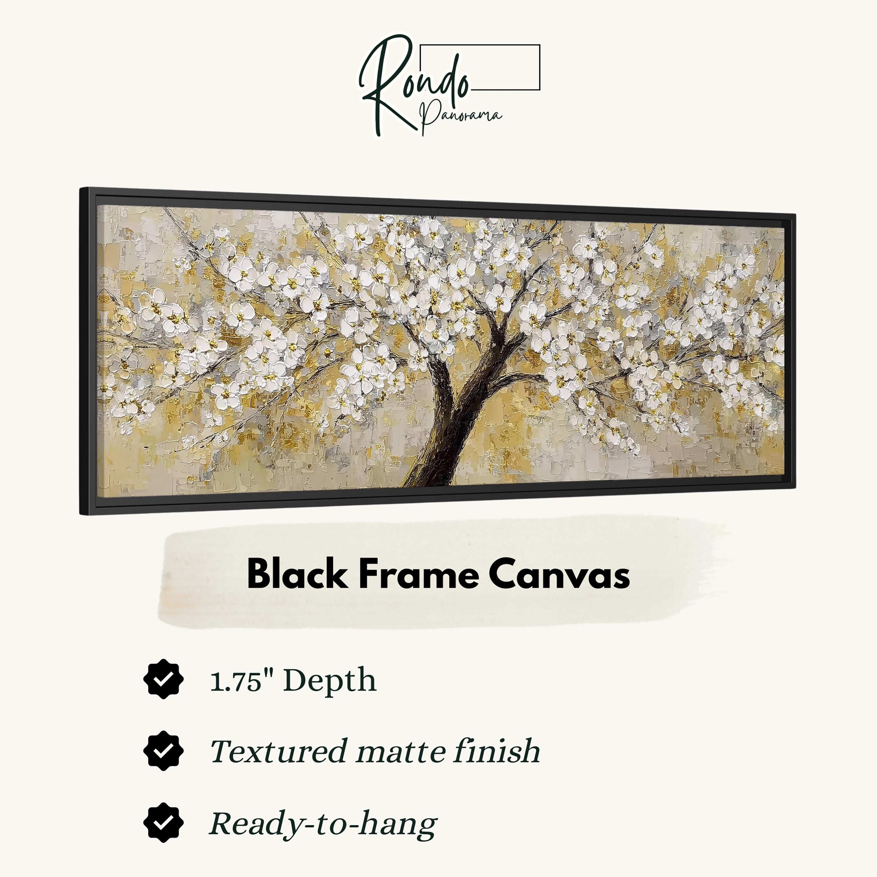 The image is a black frame canvas depicting a tree with white flowers.