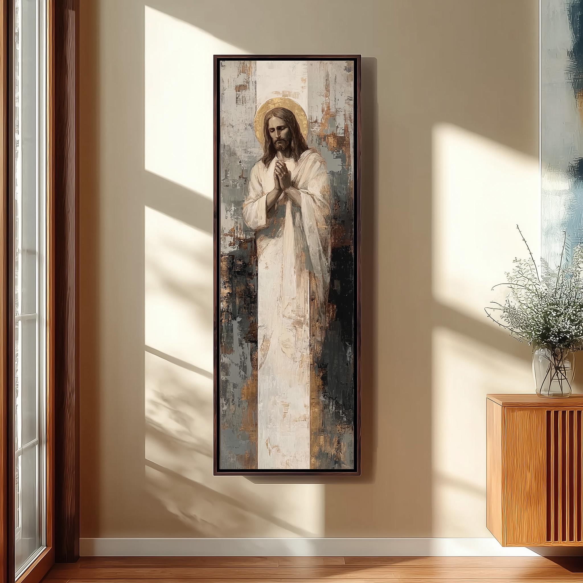 a large painting of Jesus Christ, hanging on a wall in a room with a wooden cabinet below it.