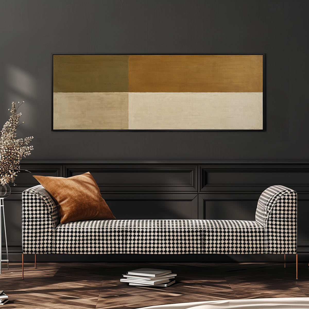 Olive and cream quadrants wide panoramic canvas print above a bench in a dark living room
