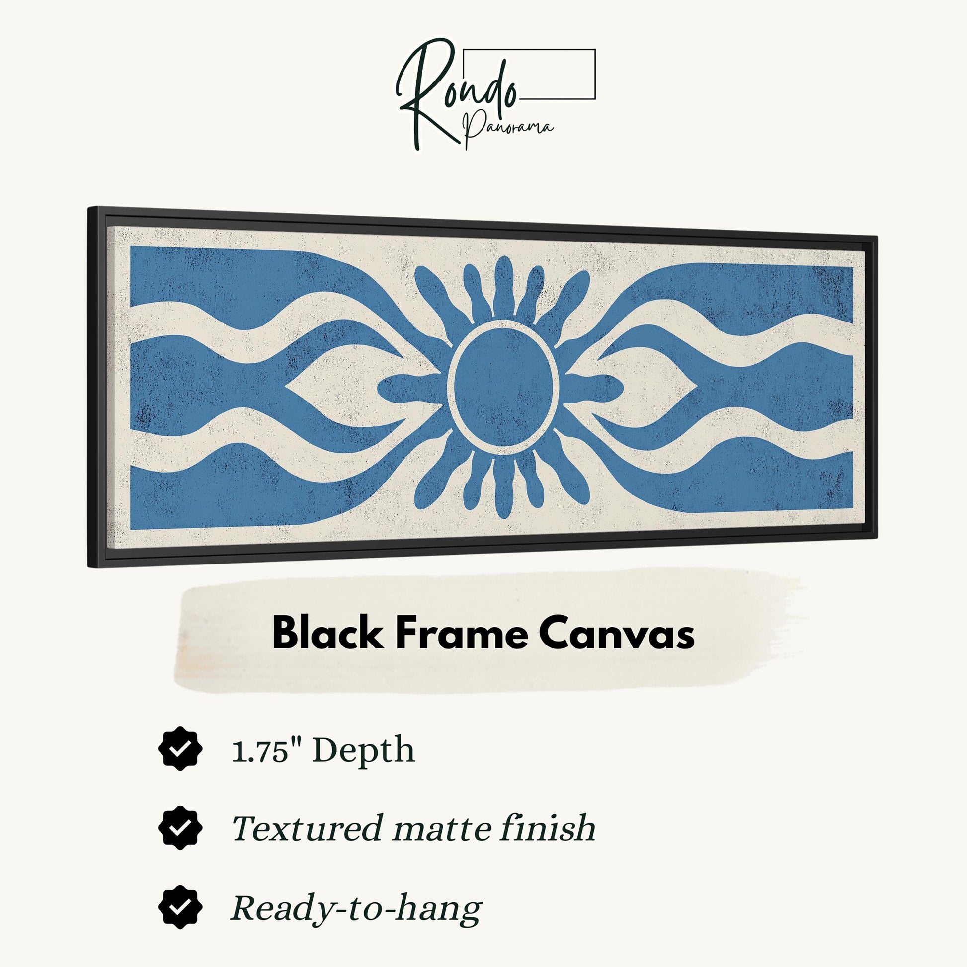 The image is a black frame canvas with a blue and white design featuring a sun-like shape.