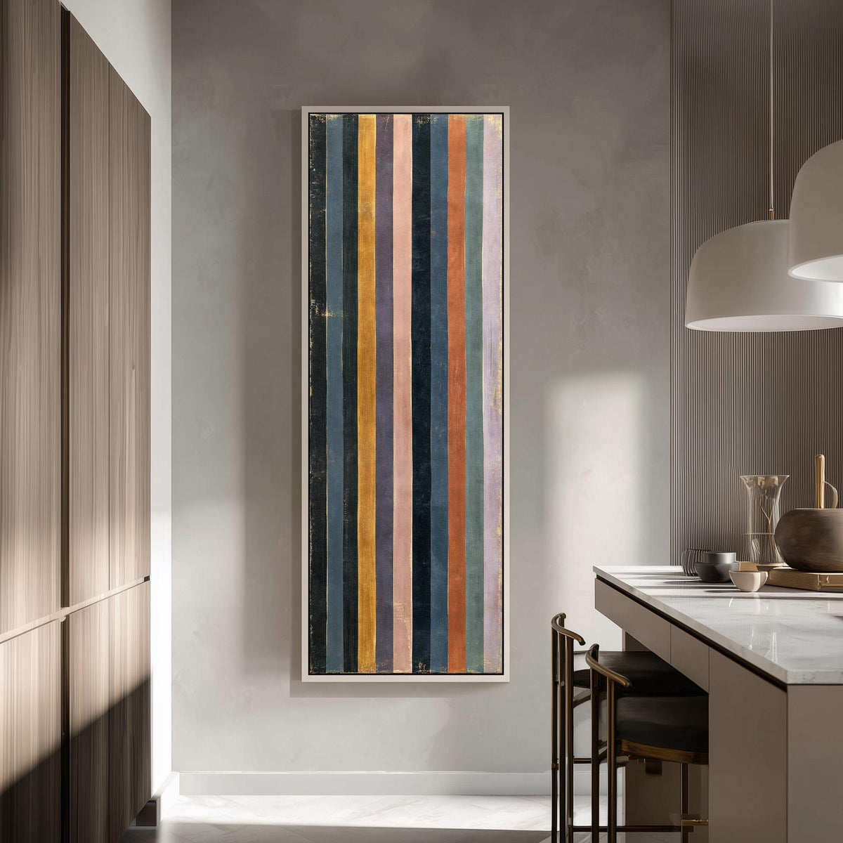 Vertical stripes in navy, rust and mauve tall skinny canvas print in a modern kitchen