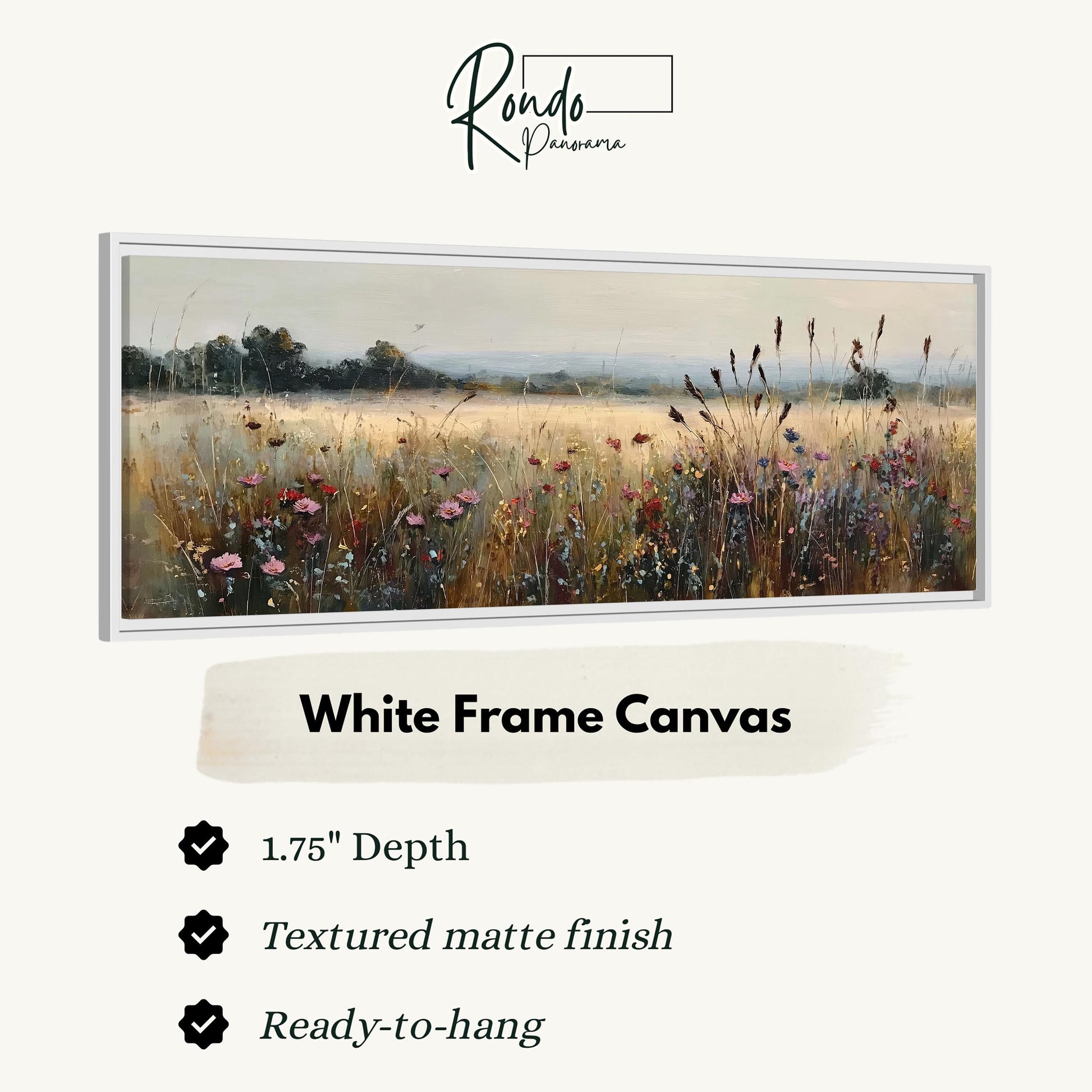 The image is a white frame canvas depicting a field of flowers with a hazy background.