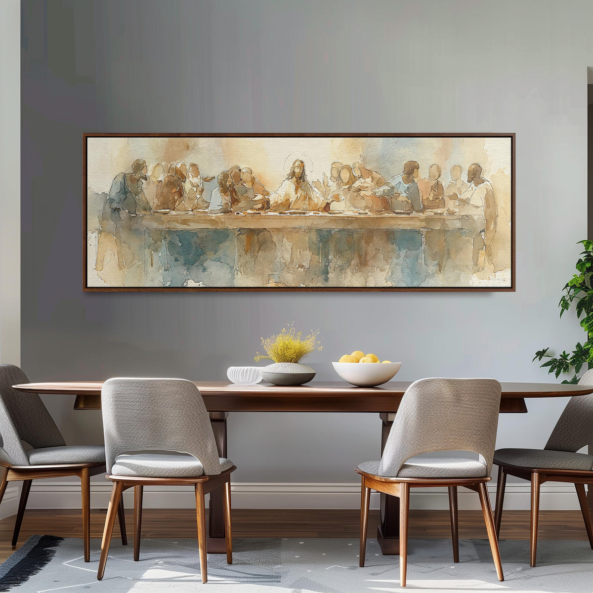 The Last Supper in watercolor long horizontal canvas print displayed on a wall