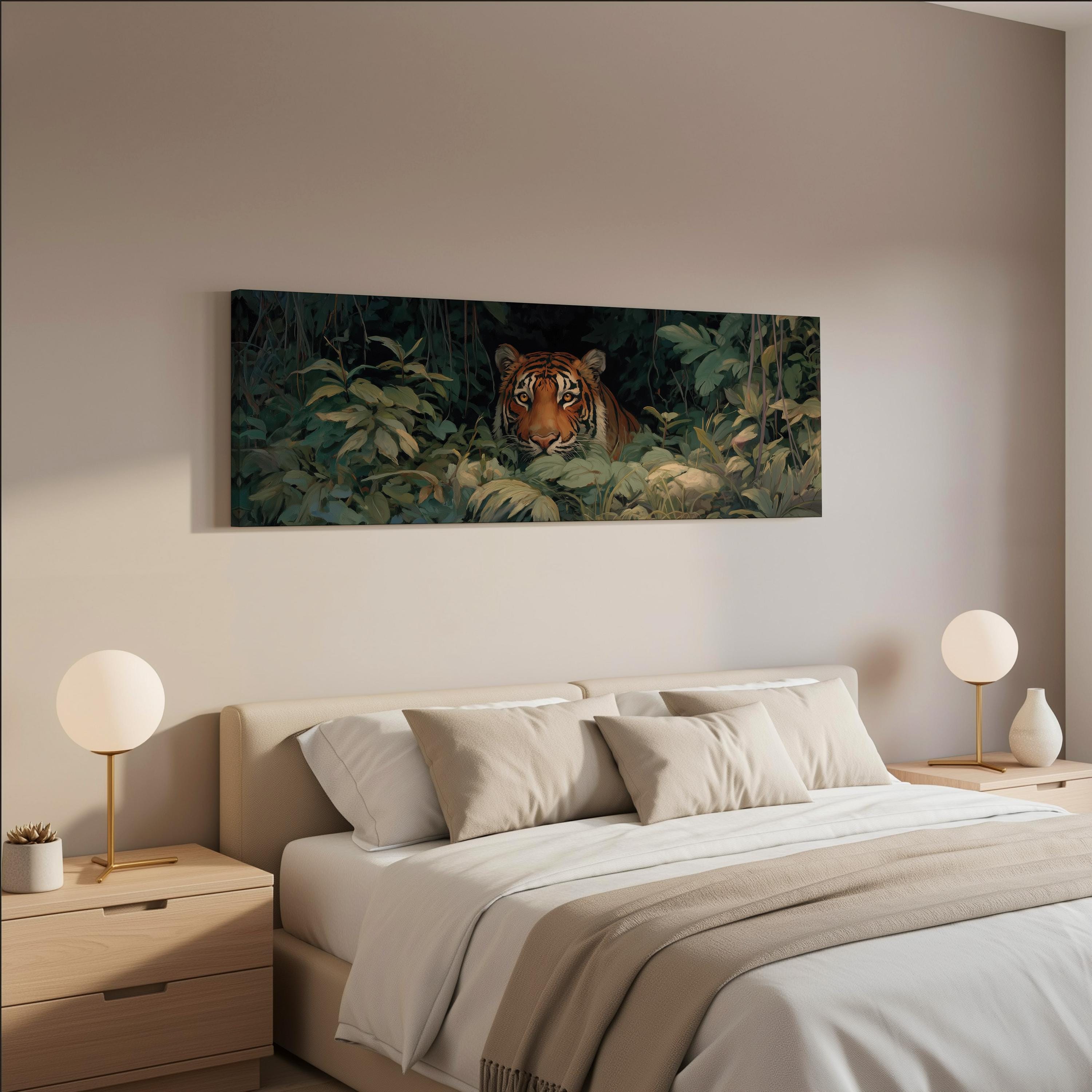a serene bedroom scene with a large bed, two nightstands with lamps, and a painting of a tiger in the background.