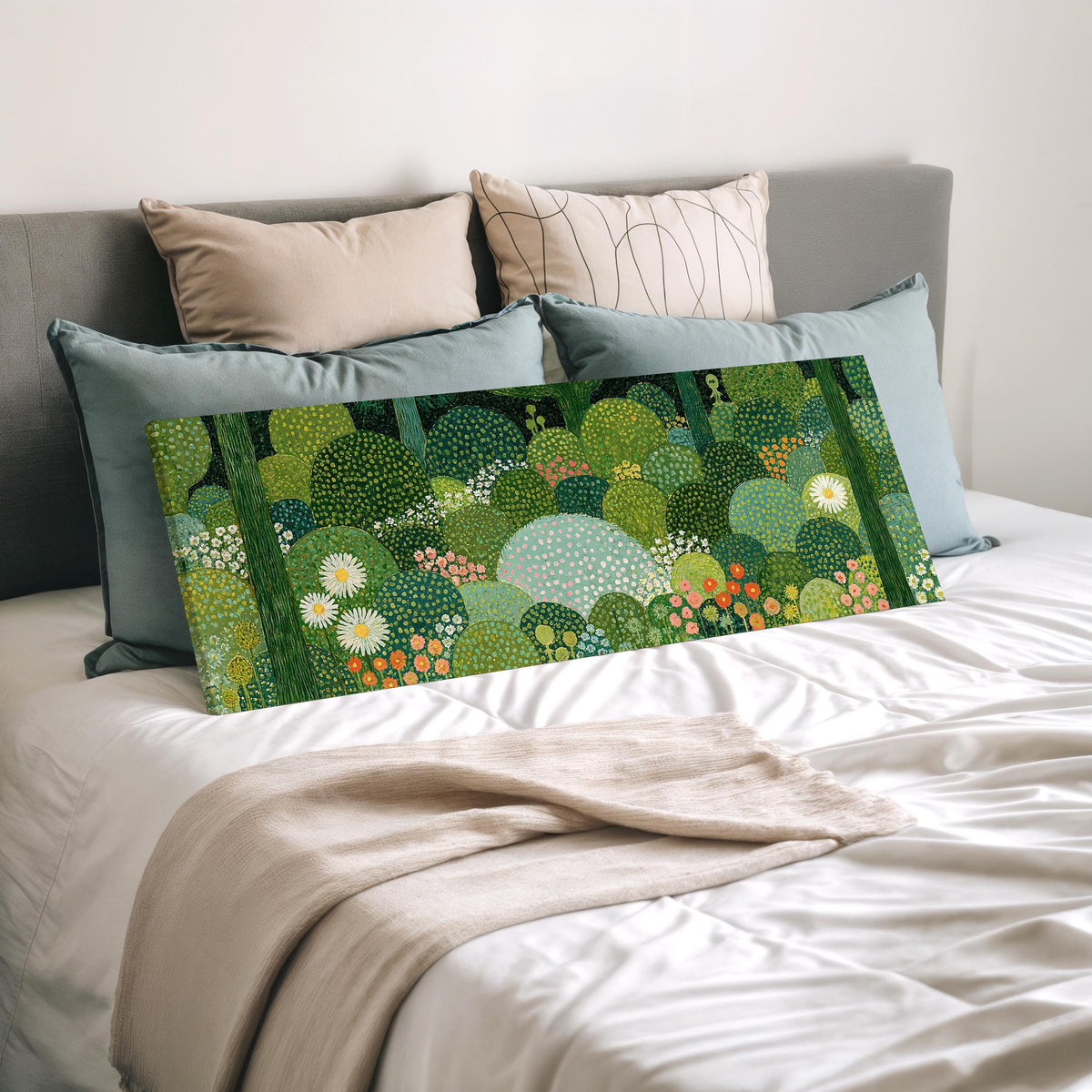 Whimsical dotted topiary garden wide panoramic canvas print laid on a bed to show its size