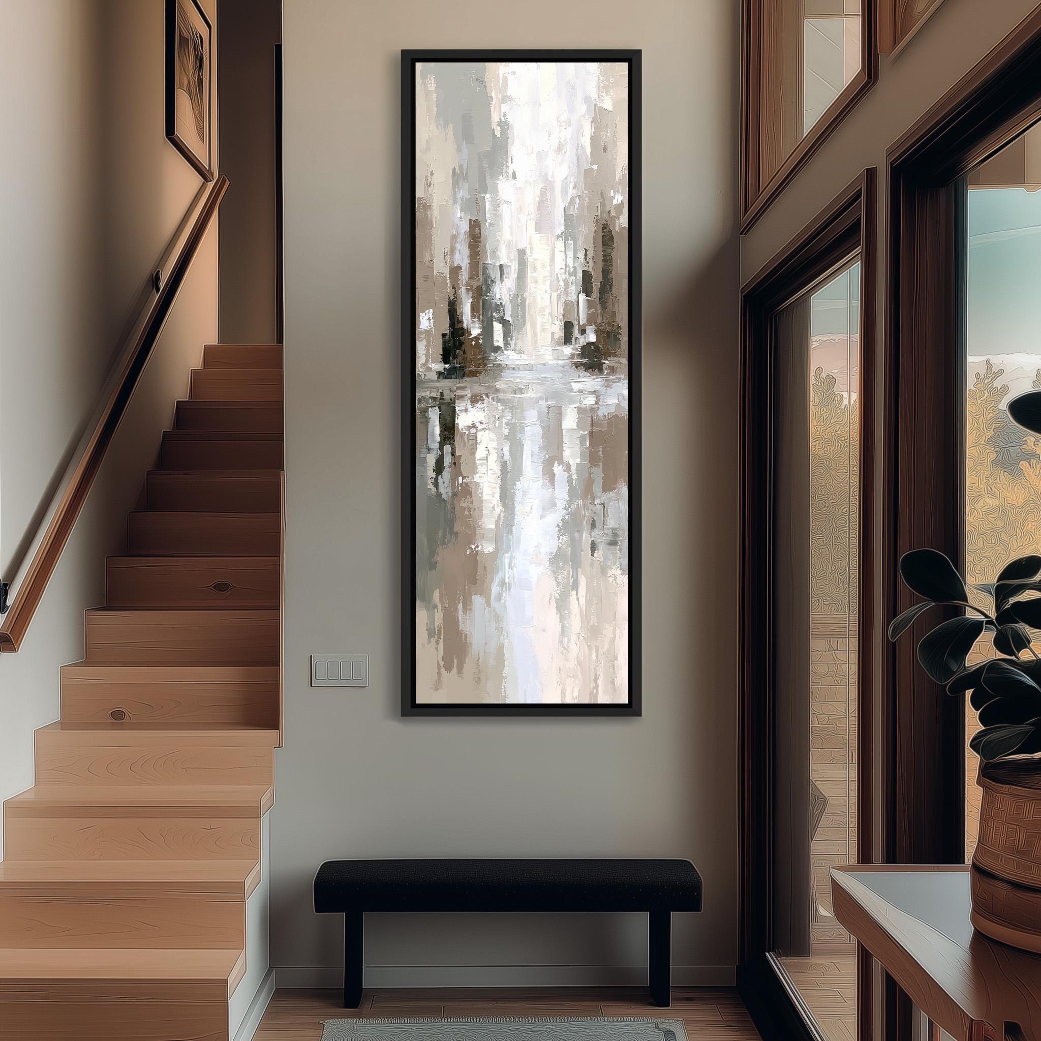 a modern interior design with a large abstract painting hanging on the wall above a black bench. The painting depicts a cityscape with a reflection in a window, creating a serene and contemporary atmosphere.