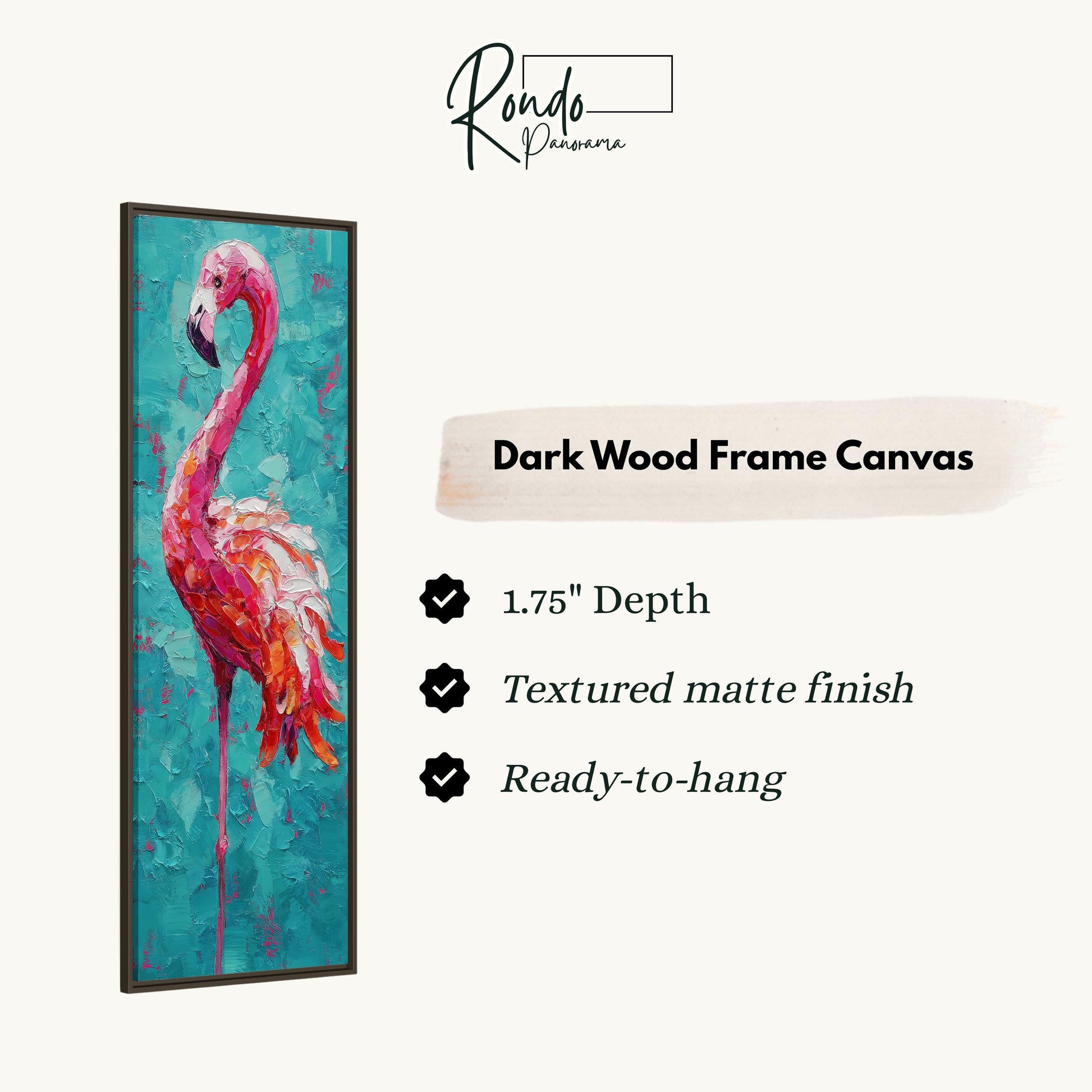 a vibrant painting of a flamingo in a dark wood frame.