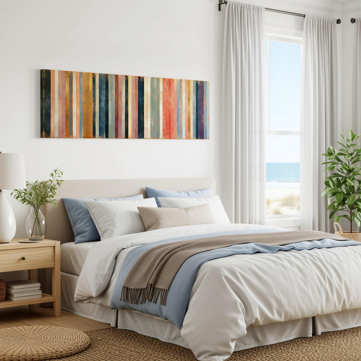 Blush, navy and gold gilded stripes panoramic canvas print above a bed in a coastal bedroom