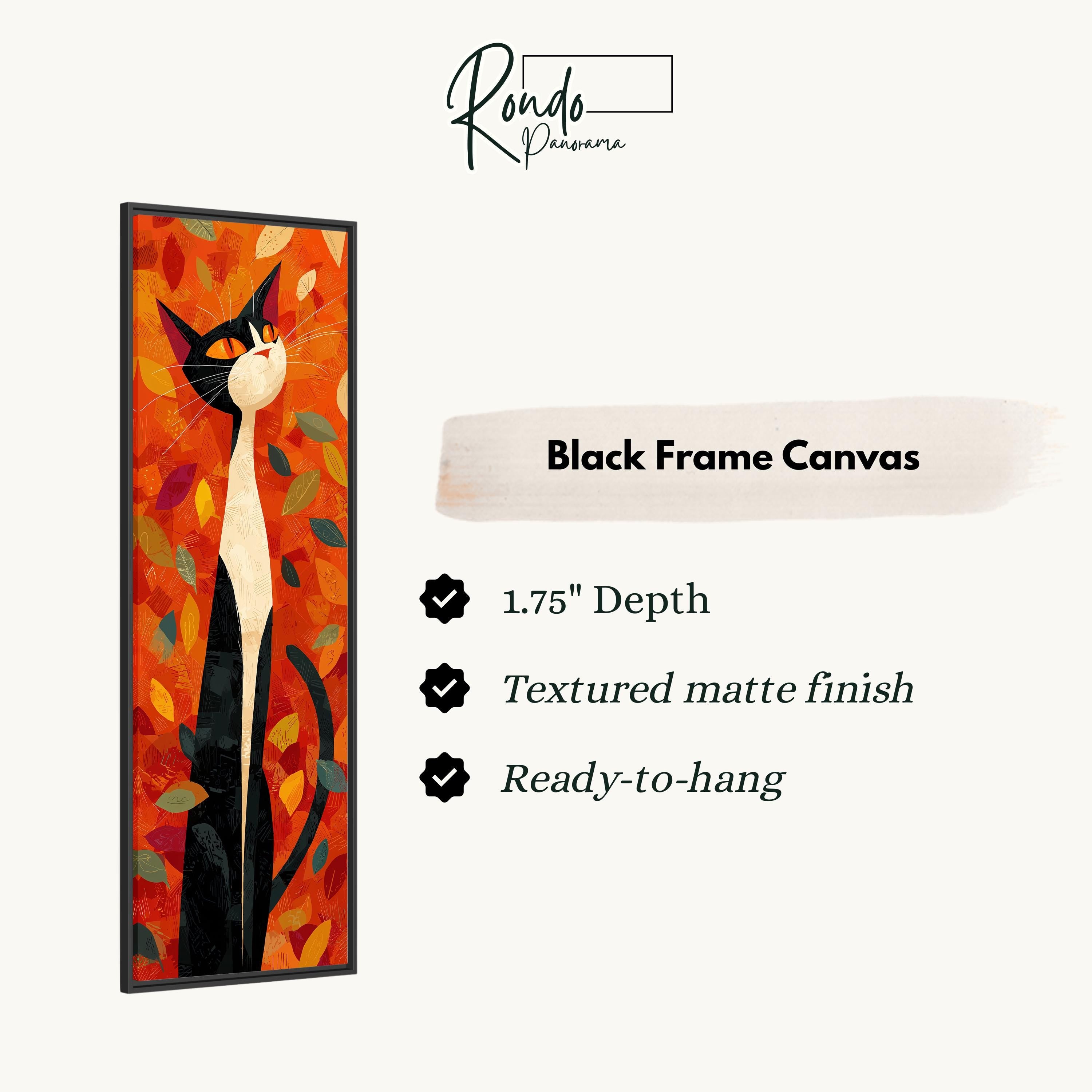 The image is a black frame canvas featuring a painting of a cat with a red and orange background.