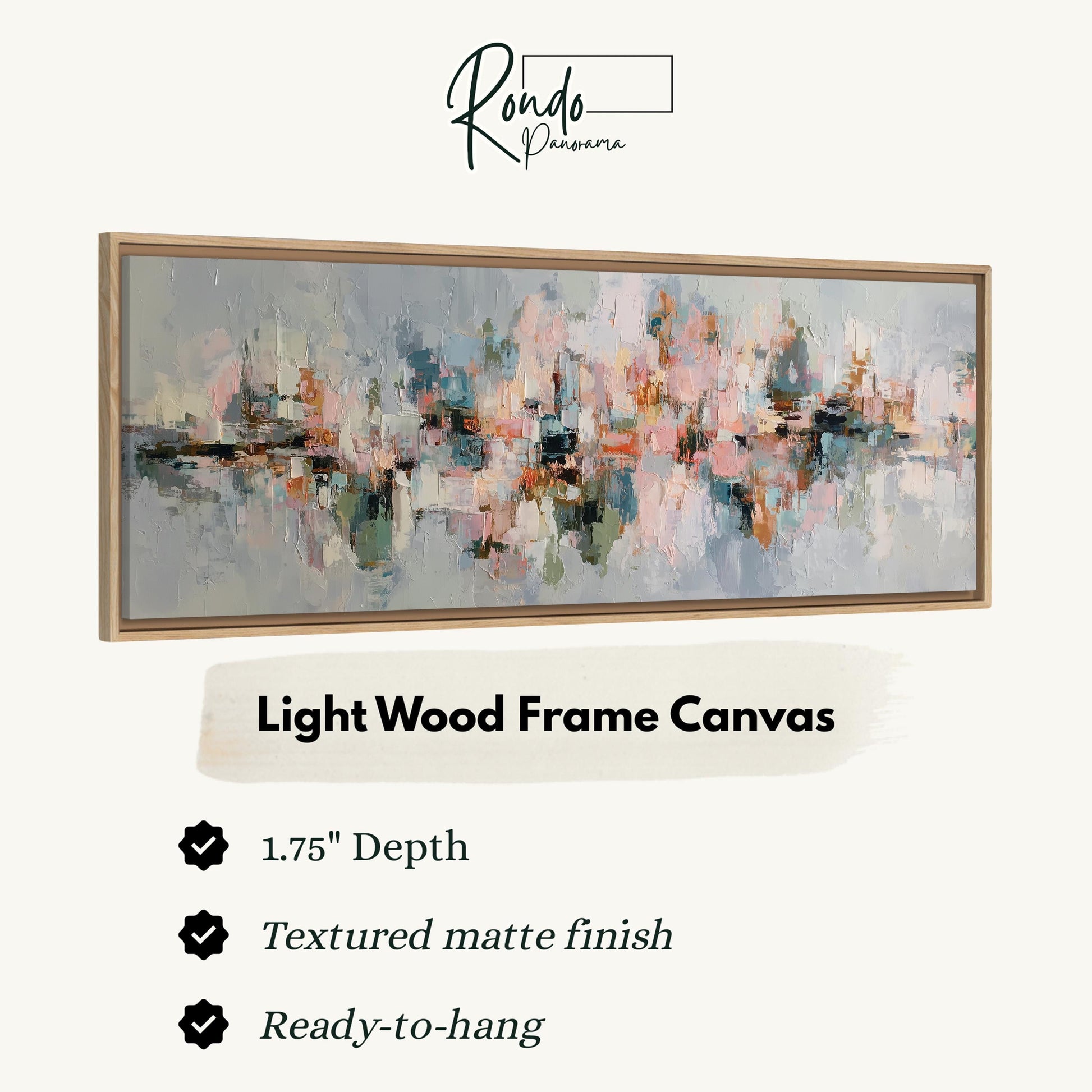 The image is a product advertisement for a light wood frame canvas. It features a large abstract painting with a textured finish and a 1.75" depth. The product is described as a "Ready-to-hang" and "Textured matte finish" canvas.