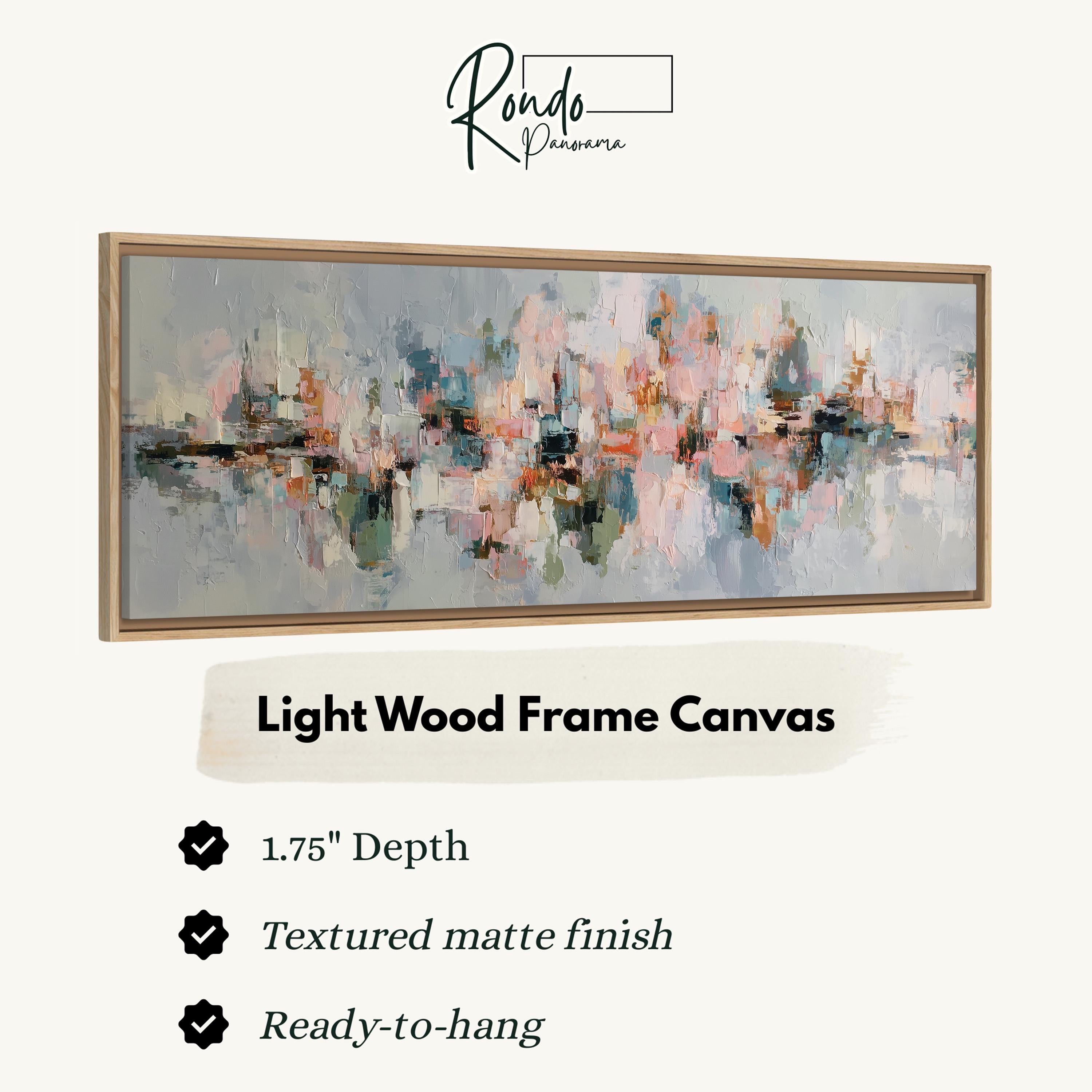 The image is a product advertisement for a light wood frame canvas. It features a large abstract painting with a textured finish and a 1.75" depth. The product is described as a "Ready-to-hang" and "Textured matte finish" canvas.