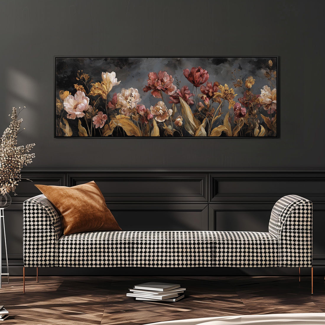 a large, framed painting of a field of flowers hanging on a wall above a black and white checkered sofa.
