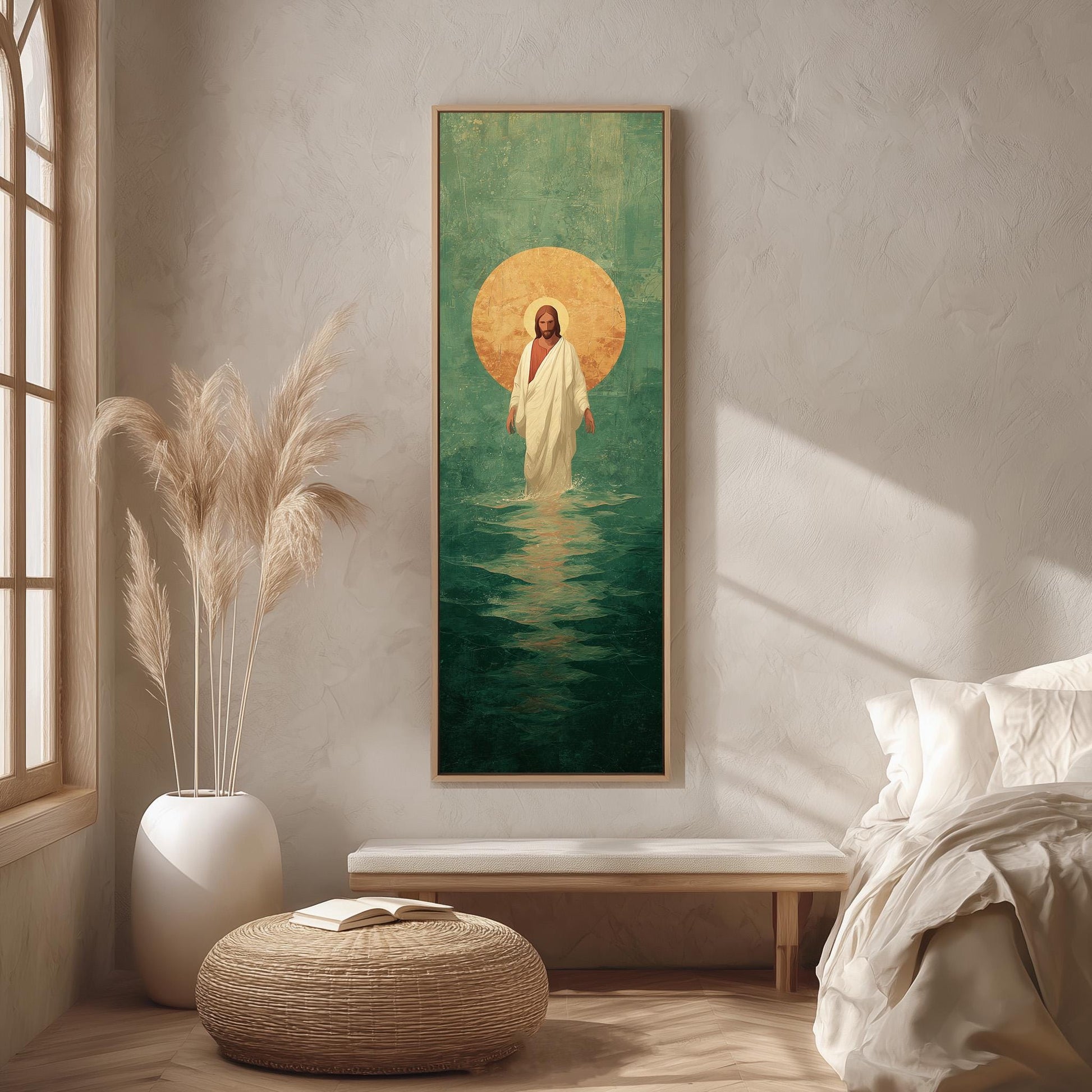 a large painting of Jesus Christ in the water, hanging on a wall in a room with a window and a bed.