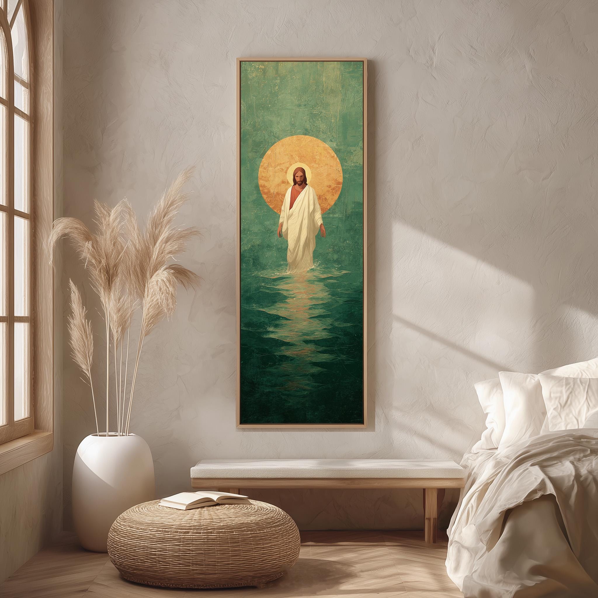 a large painting of Jesus Christ in the water, hanging on a wall in a room with a window and a bed.