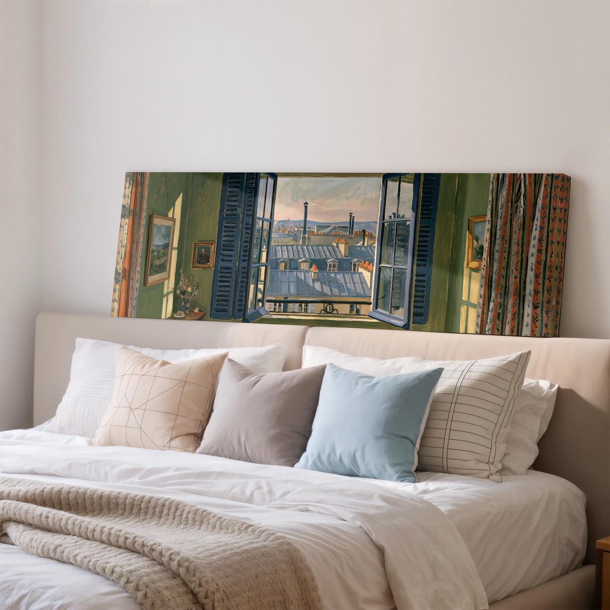 Paris zinc rooftops seen through a green room window wide panoramic canvas print above a bed in a bedroom