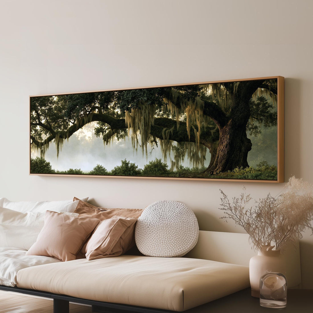 Live oak draped in Spanish moss at dawn long horizontal canvas print above a sofa in a living room