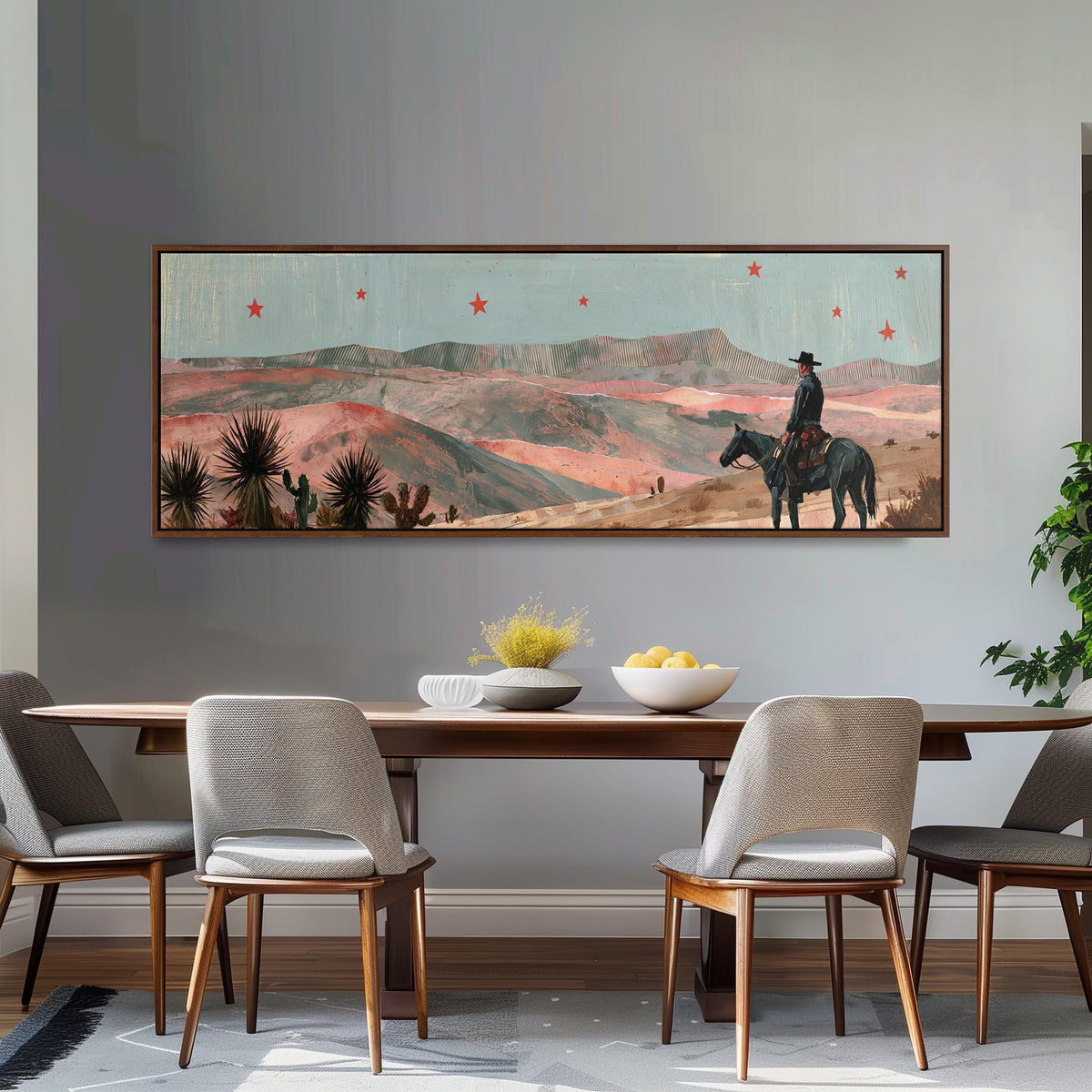 Desert cowboy under red stars long horizontal canvas print above a dining table