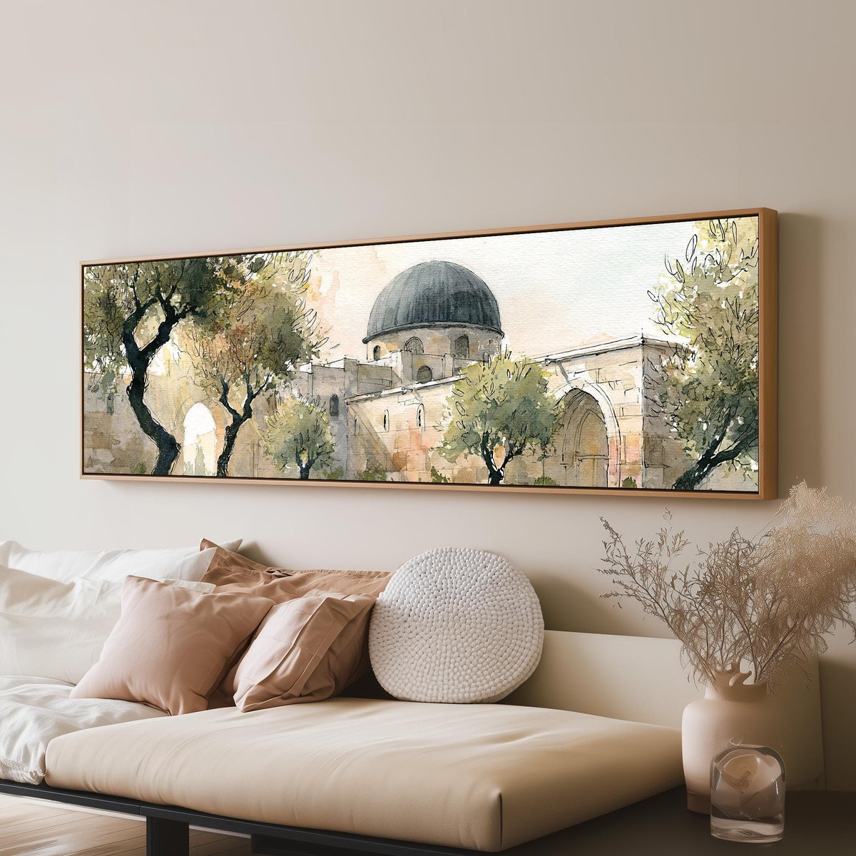 Old stone dome in a sketch style panoramic canvas print above a sofa in a living room