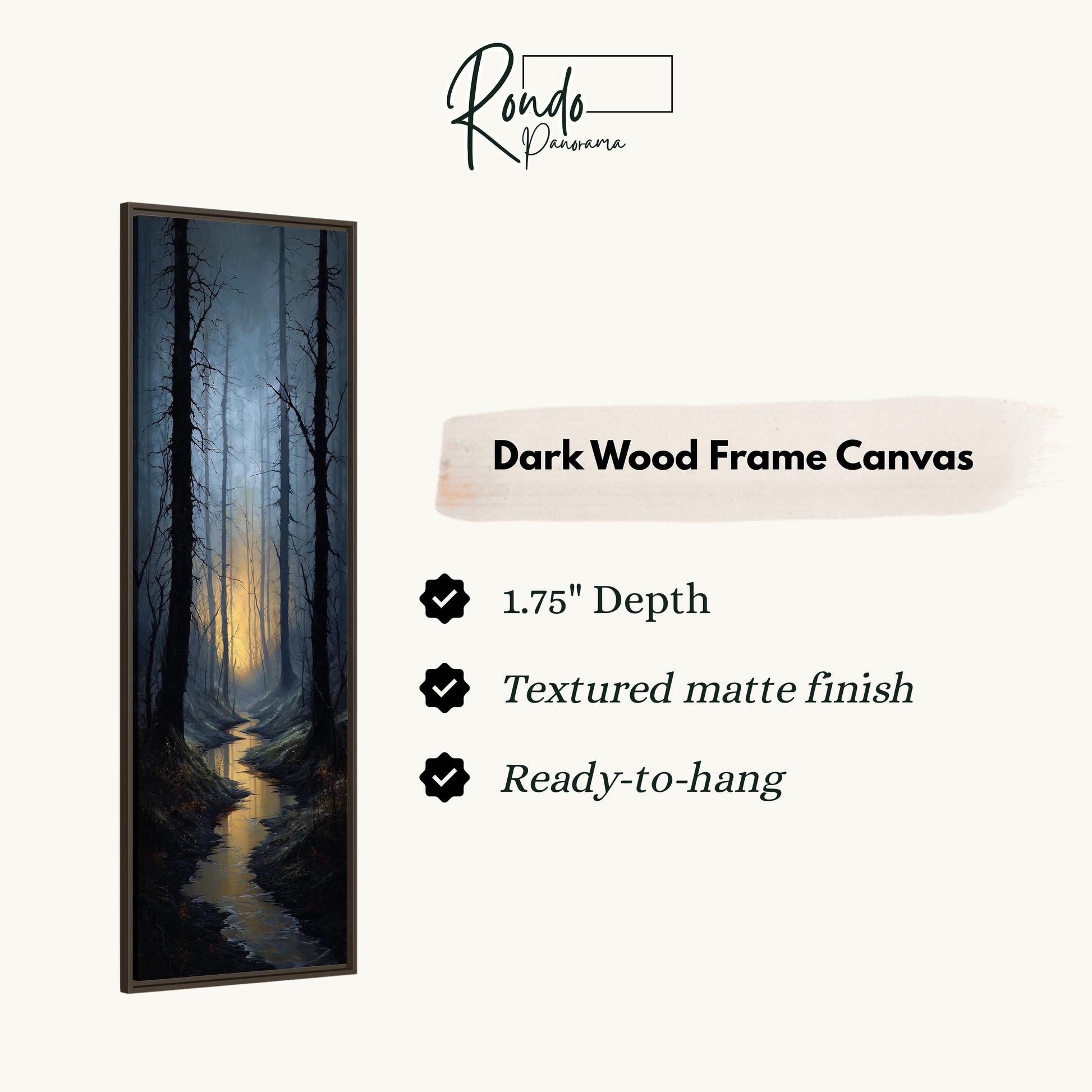 The image is a dark wood frame canvas depicting a forest scene with a stream running through it.