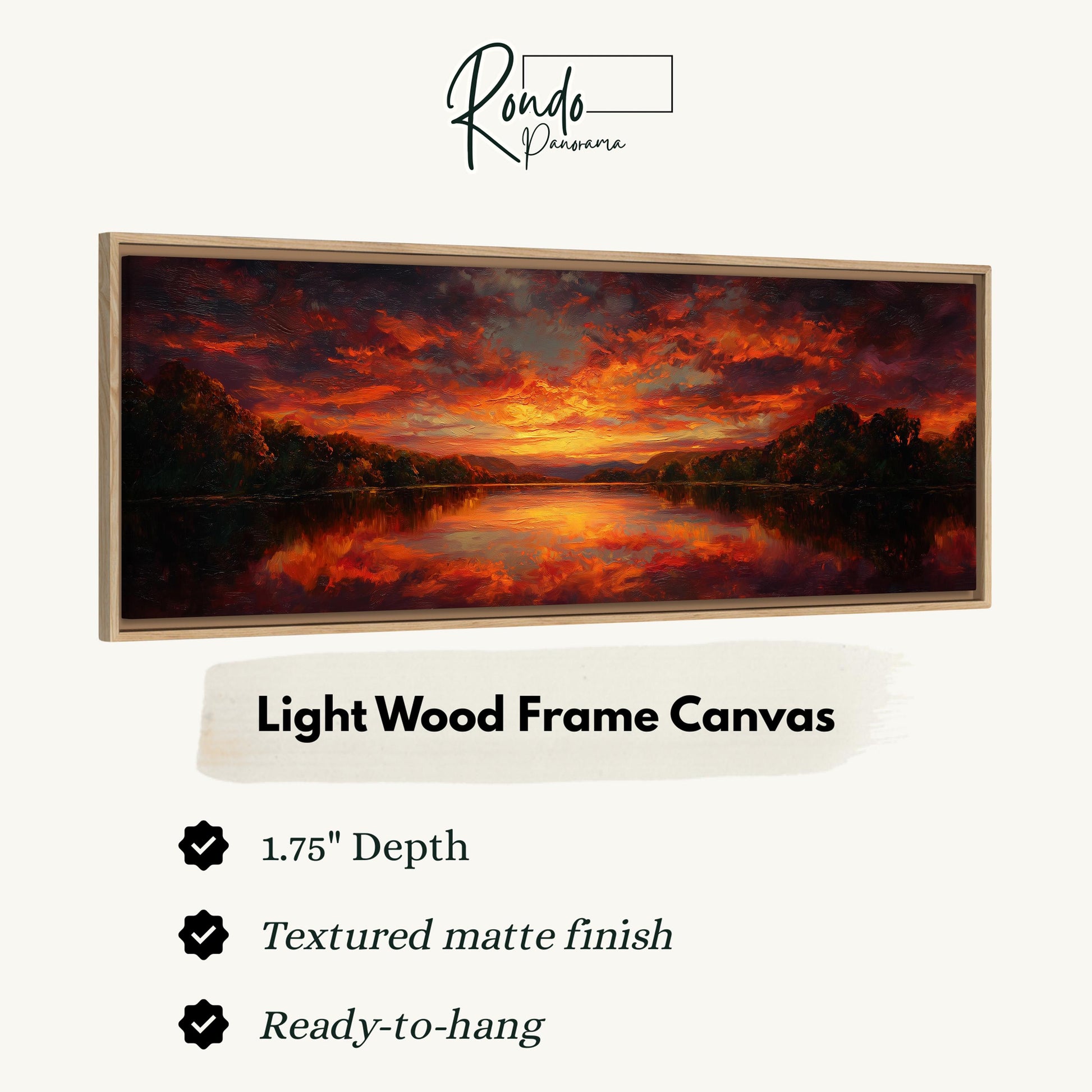 The image is a framed painting depicting a sunset over a lake, with a text box providing information about the artwork.