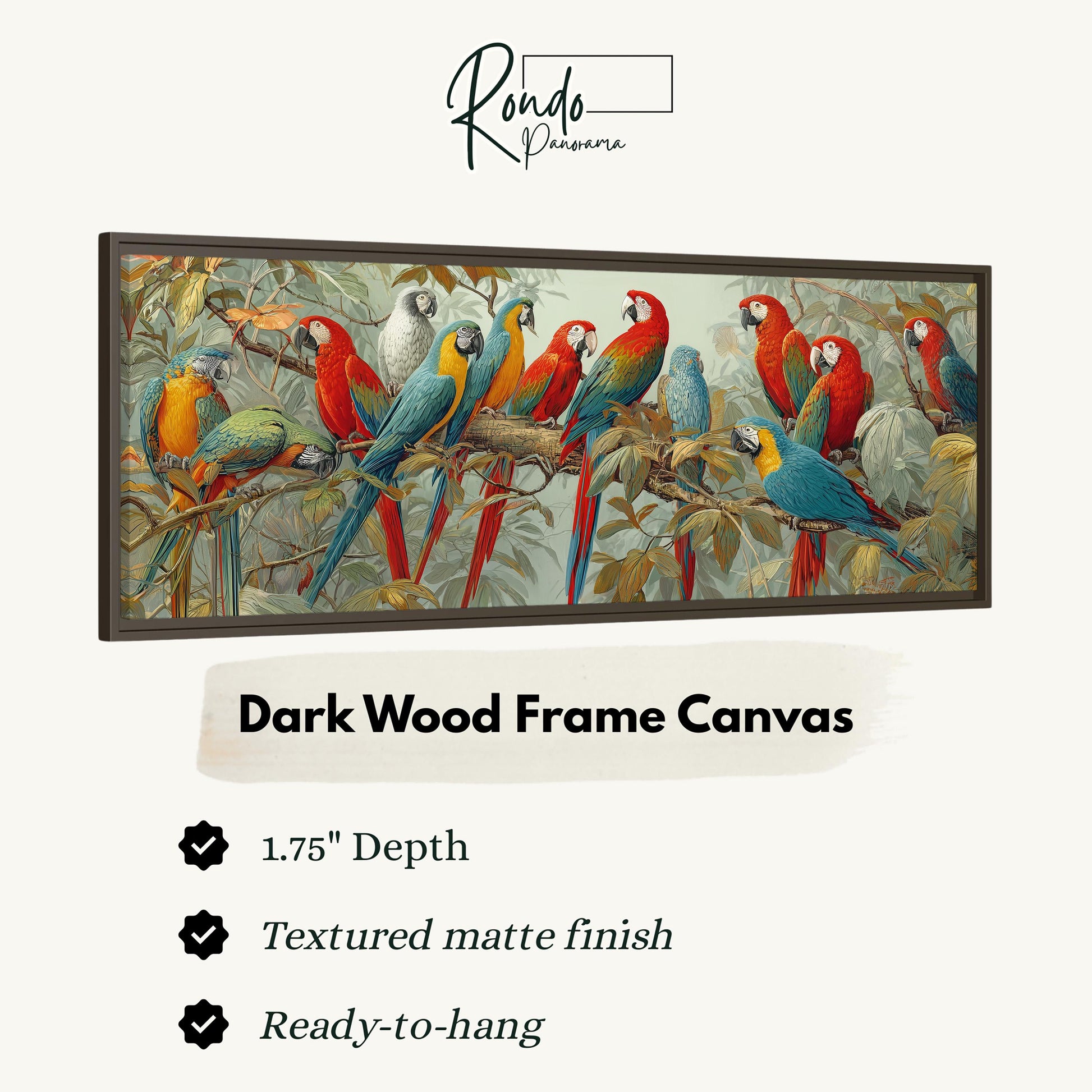 a large, colorful painting of a group of parrots perched on branches. The painting is displayed in a dark wood frame, which adds a rustic and natural touch to the artwork. The frame is described as having a 1.75" depth, a textured matte finish, and is ready to hang.