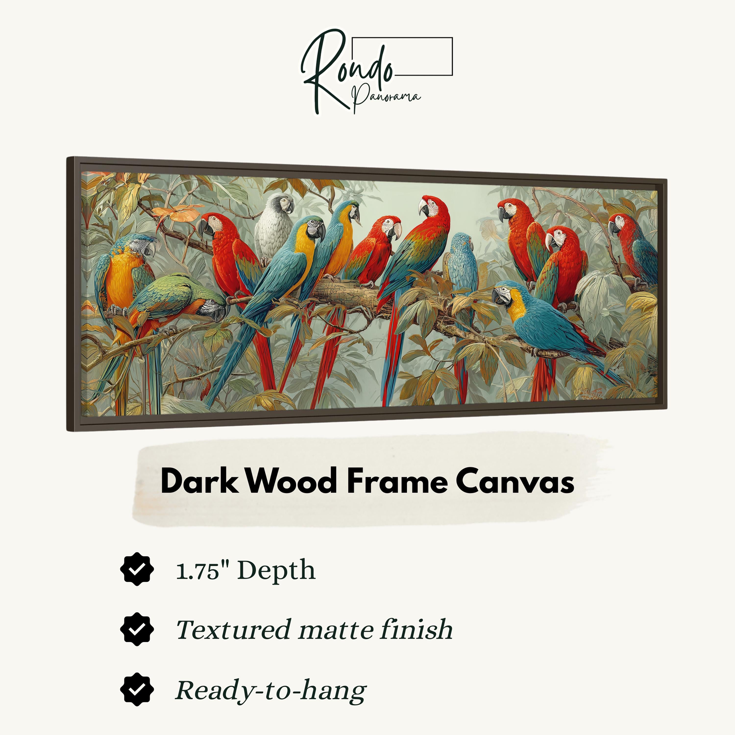 a large, colorful painting of a group of parrots perched on branches. The painting is displayed in a dark wood frame, which adds a rustic and natural touch to the artwork. The frame is described as having a 1.75" depth, a textured matte finish, and is ready to hang.