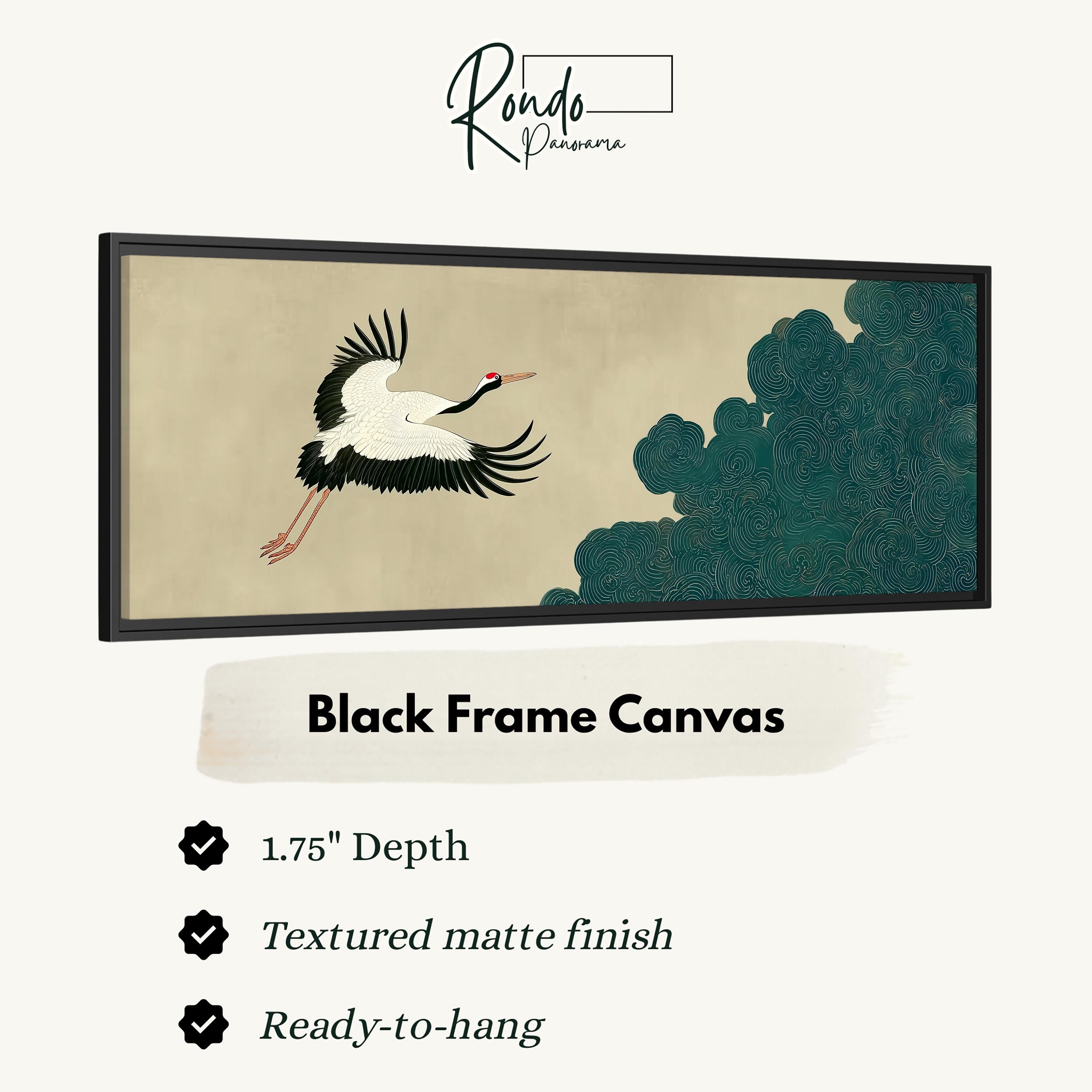 a black frame canvas with a painting of a crane in flight.