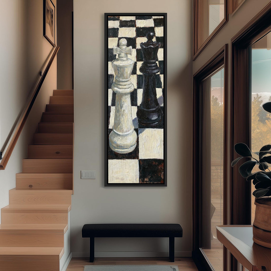 White and black chess kings facing off long vertical canvas print in a sunlit living space