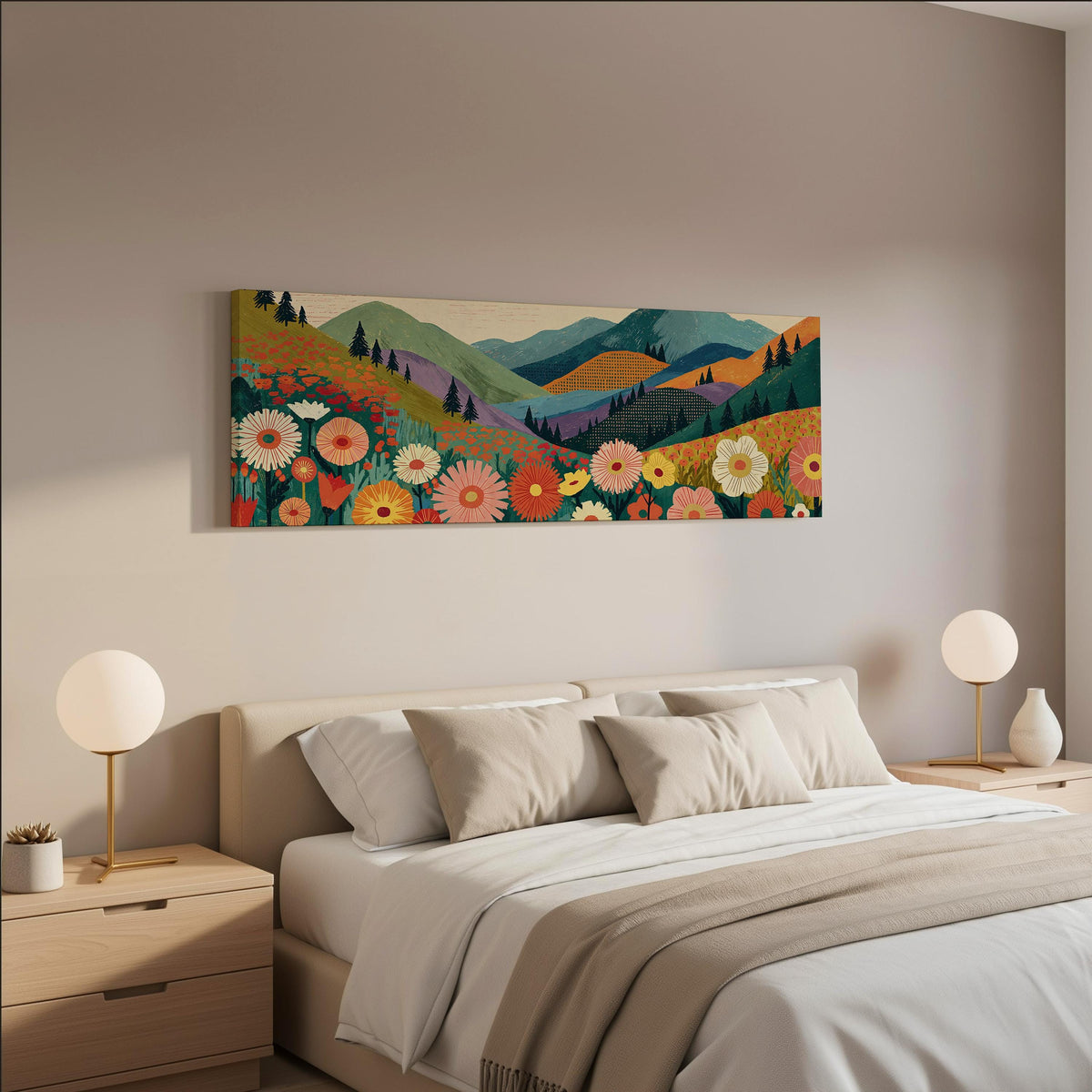Wildflower valley below patterned mountains wide panoramic canvas print above a bed in a neutral bedroom