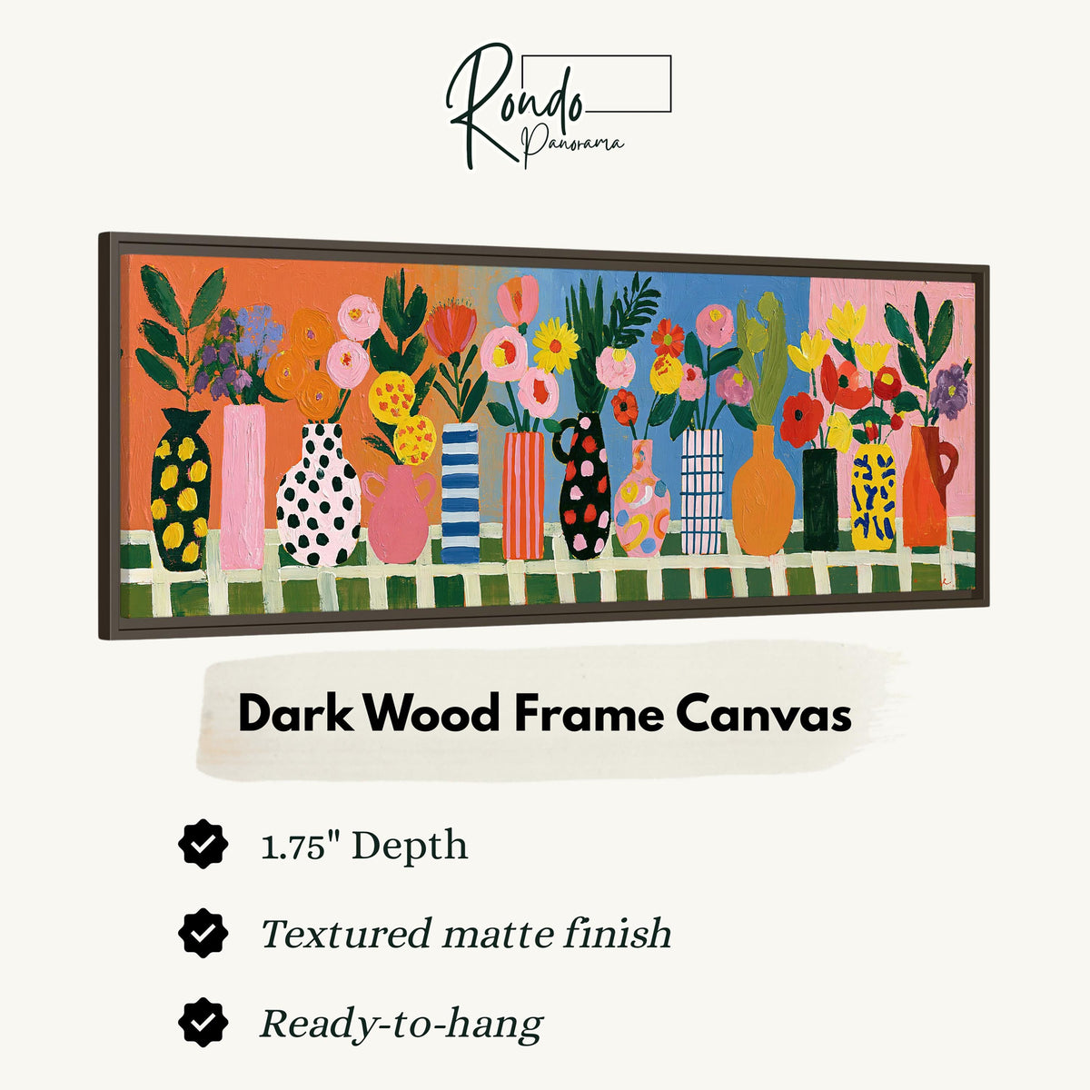 Patterned vases with bright bouquets canvas print in a dark wood floating frame