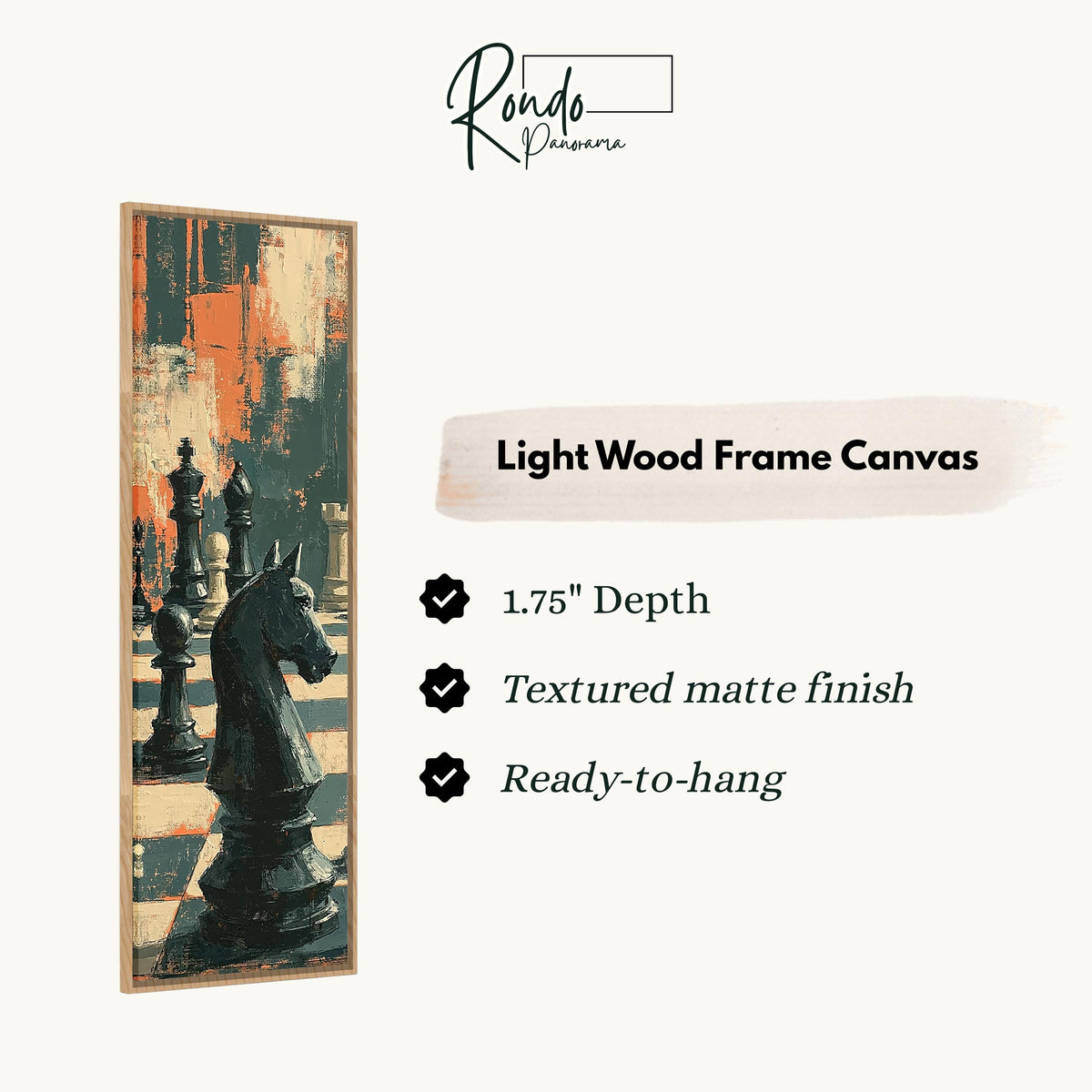Black chess knight in dramatic shadows canvas print in a light wood floating frame