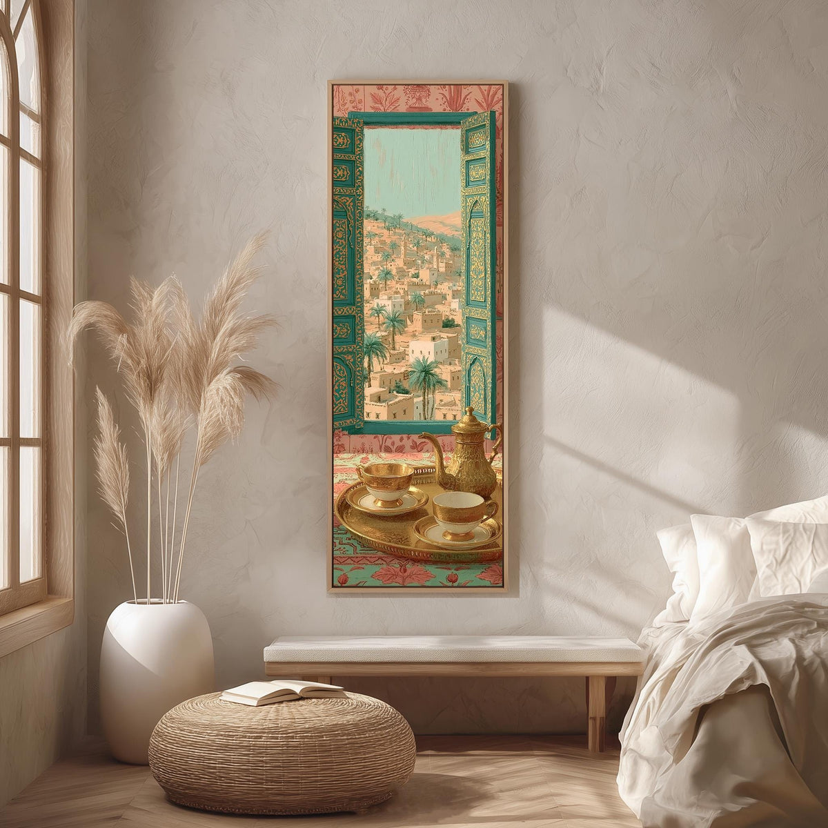 Moroccan tea set by an ornate window long vertical canvas print in a bright reading corner