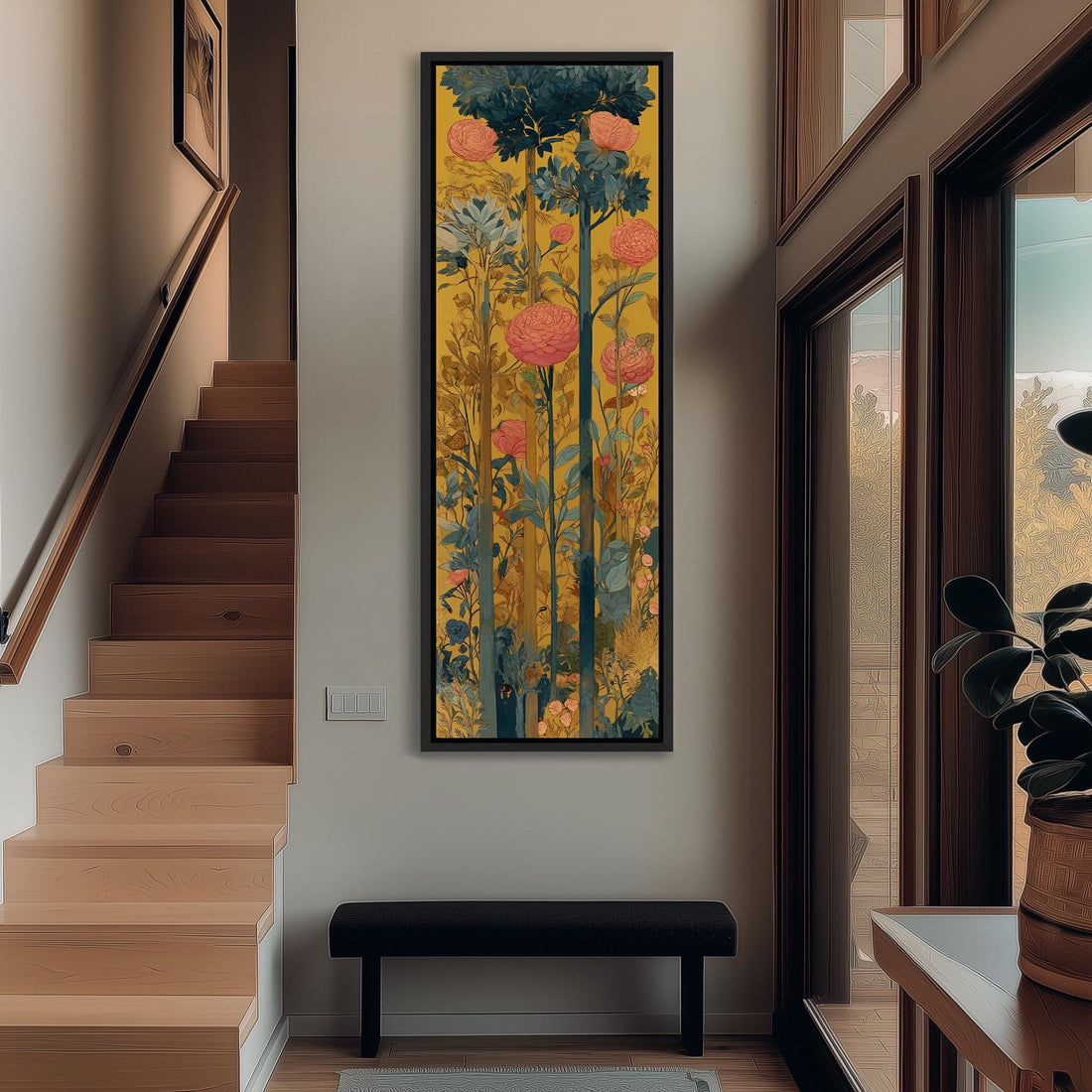a large, colorful painting of flowers hanging on a wall in a room with a wooden cabinet below it.